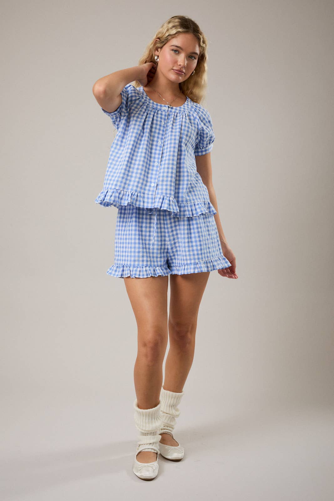 RUFFLE DETAIL SHORTS: BLUE-WHITE GINGHAM