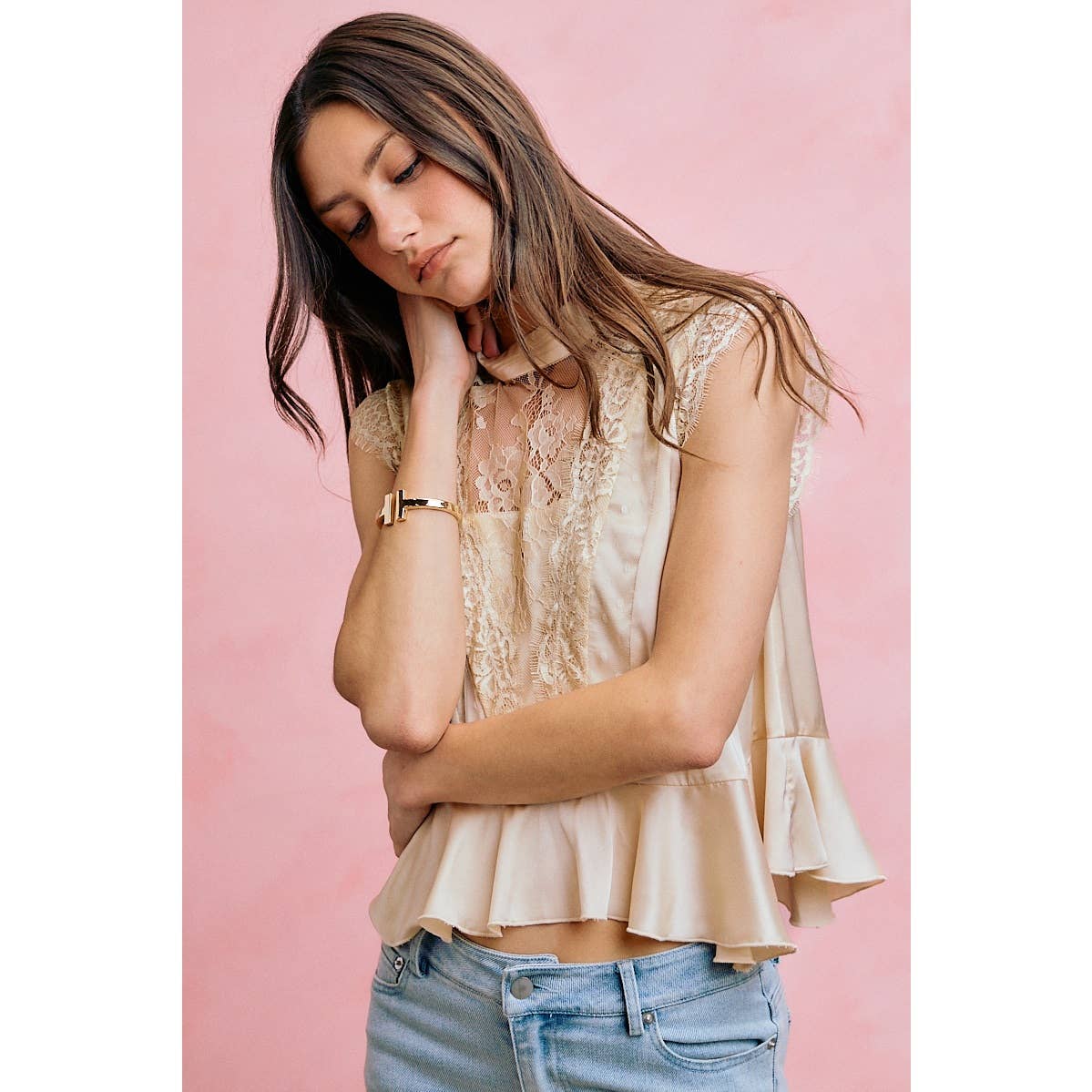 A New Arrival SATIN MOCK NECK LACE TRIM PEPLUM BLOUSE TOP: CREAM