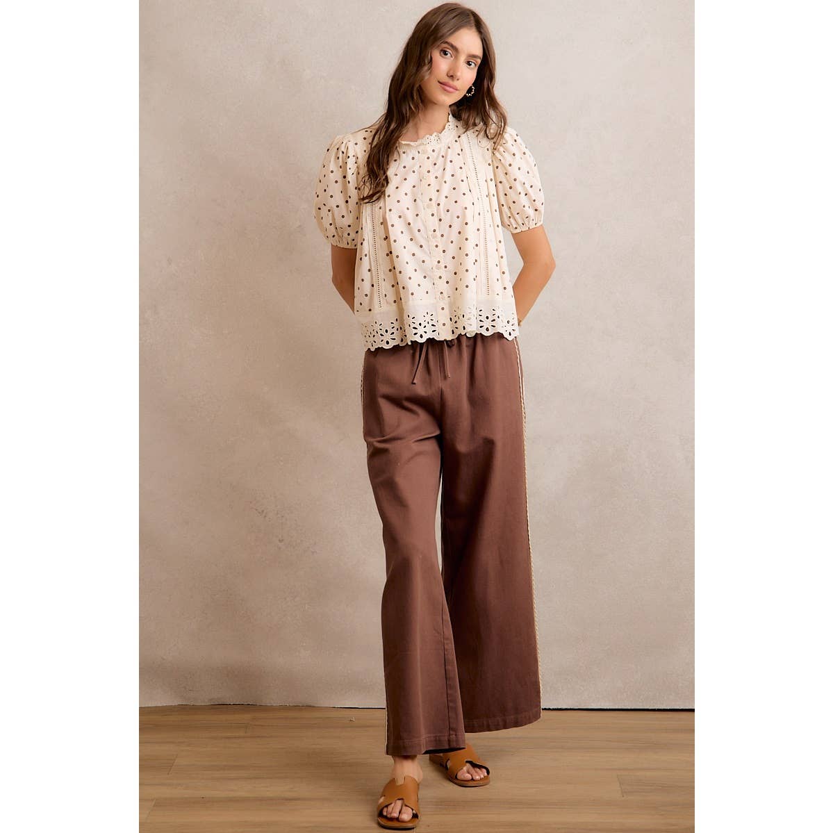 A New Arrival SIDE LACE TRIM COTTON DENIM WIDE LEG PULL ON PANTS: BROWN