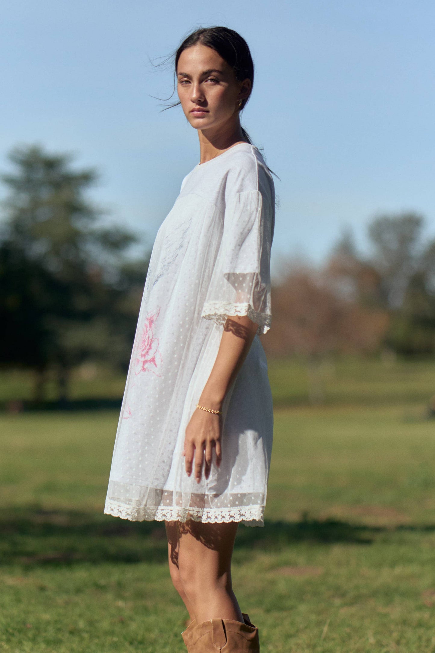 A New Arrival               ANGEL PRINTED TERRY DOTTED MESH LAYERED DRESS: Heather Grey