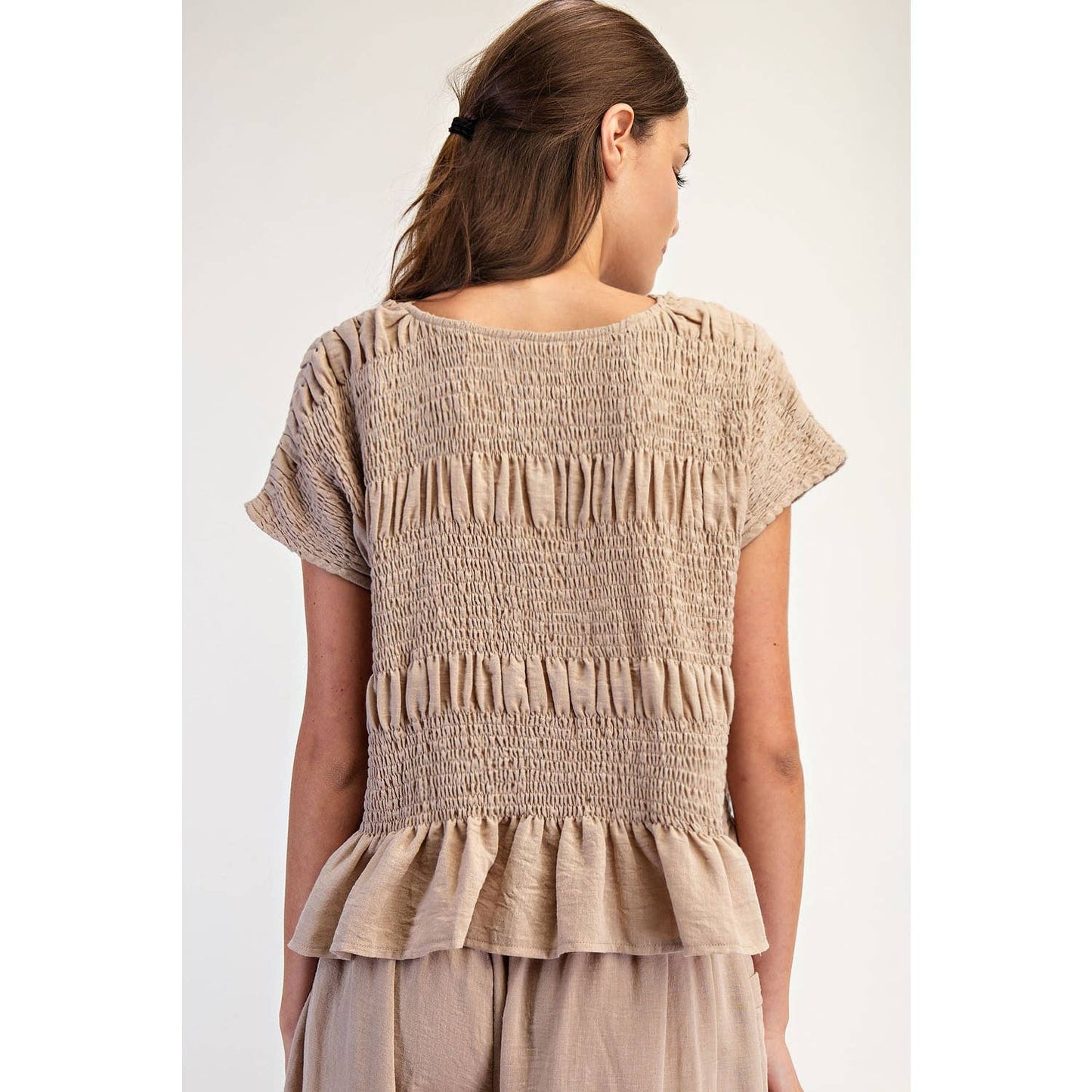 A New Arrival: RUCHED CREW NECK TOP: Taupe
