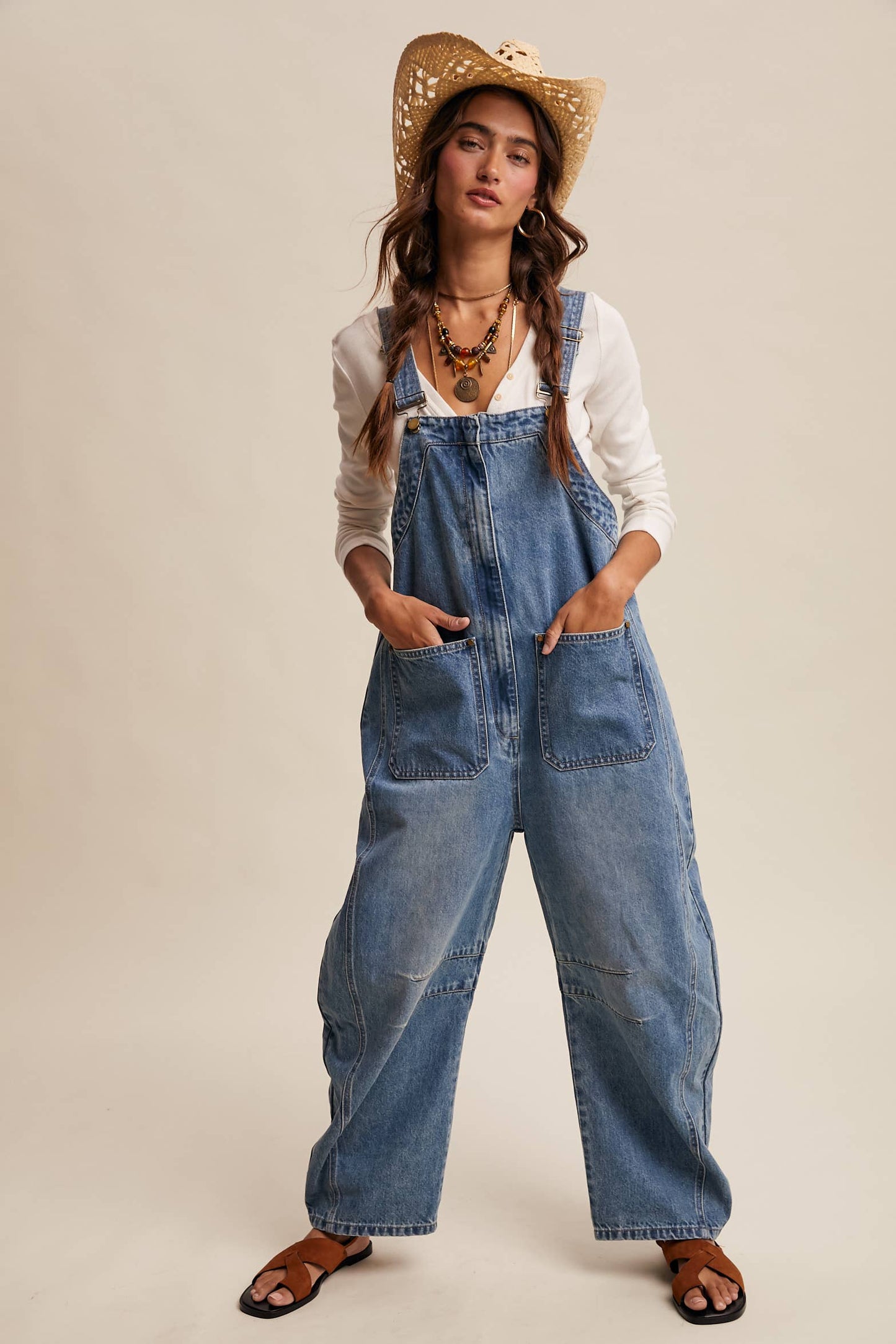 Western Wide-Leg Denim Overalls - Sunwashed Blue / Contemporary
