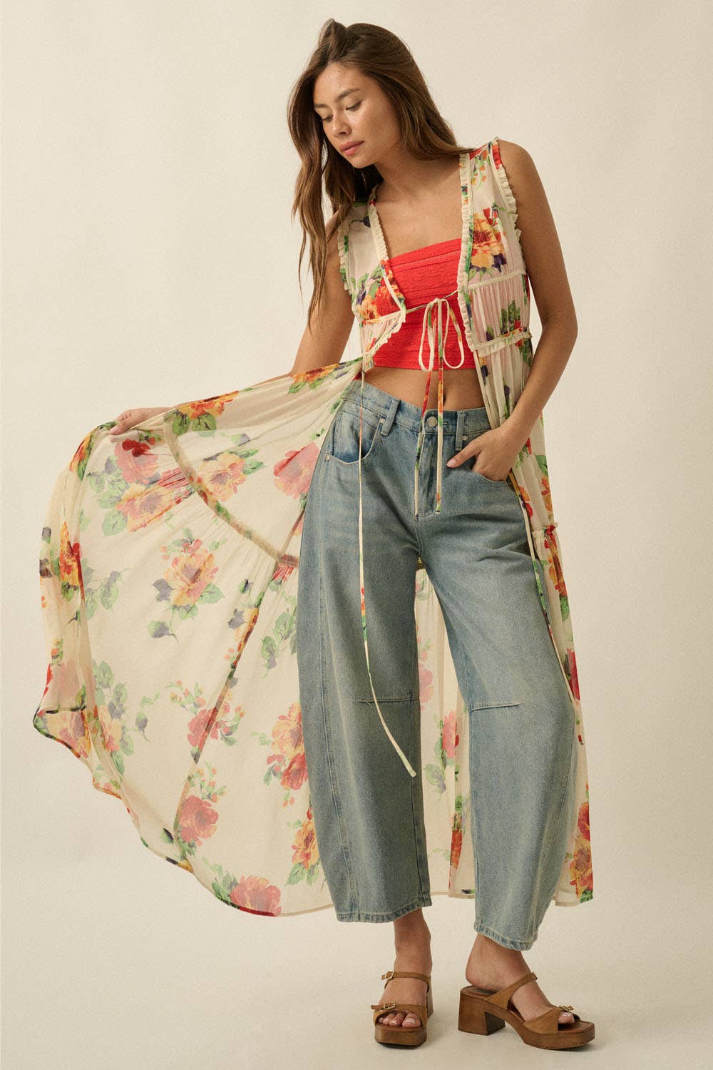 A New Arrival Floral-Print Chiffon Ruffled Sleeveless Tie-Front Maxi Top: Cream