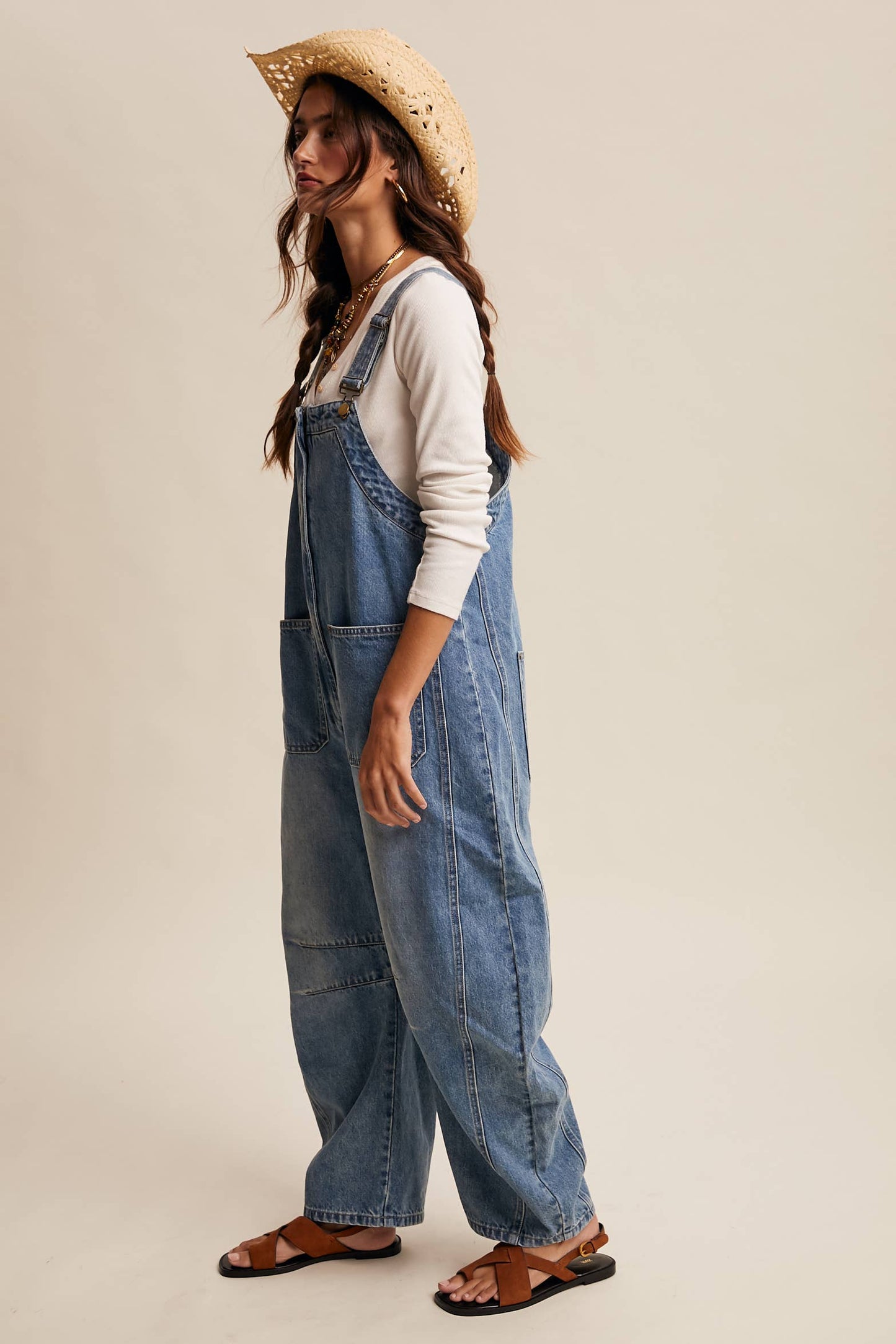 Western Wide-Leg Denim Overalls - Sunwashed Blue / Contemporary