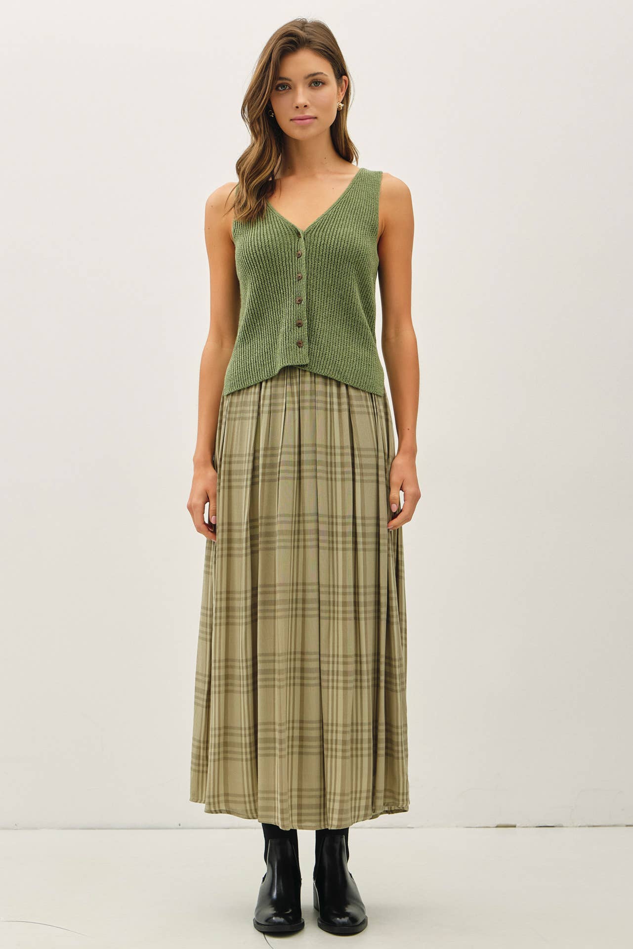 PLAID PRINTED PLEATS MIDI SKIRT : SPRUCE