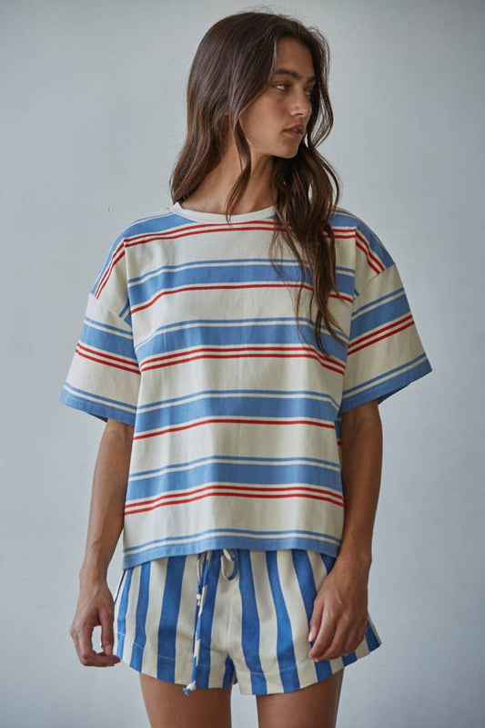 A New Arrival.                     Knit Cotton Multi Striped Short Sleeve Top: Cream Blue