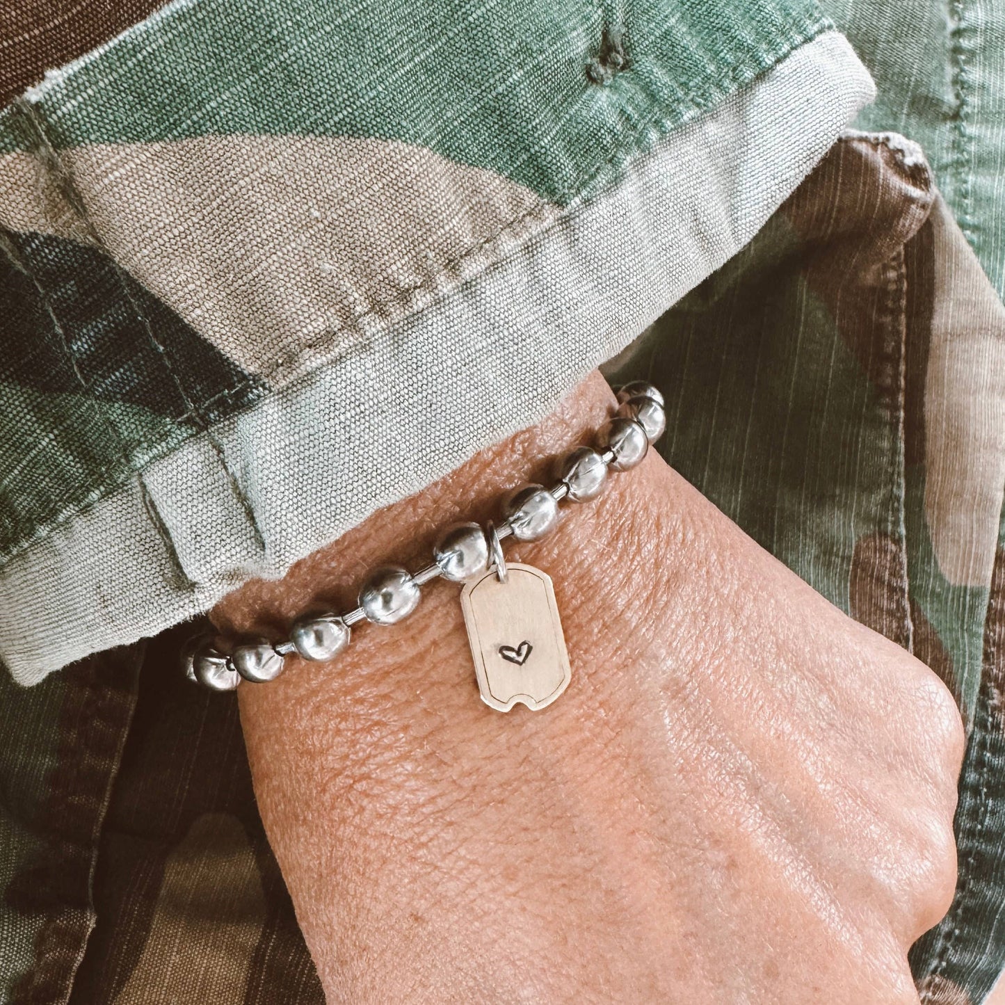 Brass Mini Dog Tag Heart Bracelet: 7.5"