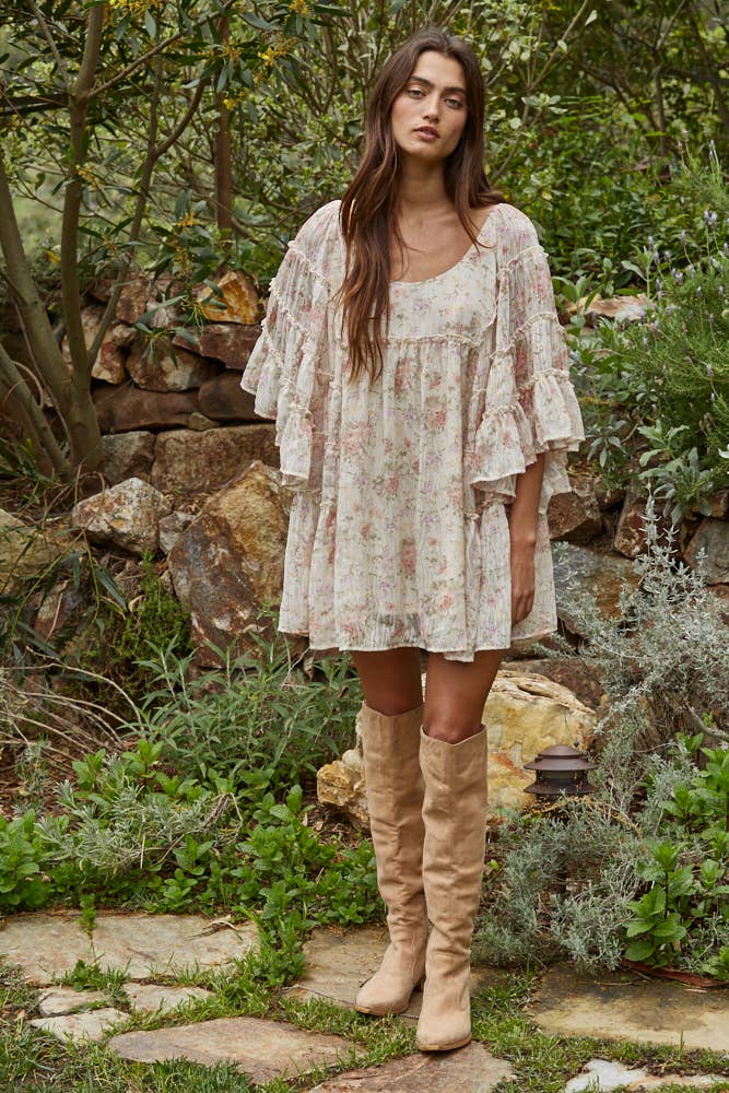 A New Arrival                Woven Polyester Chiffon Floral Flare Mini Dress: Cream Multi