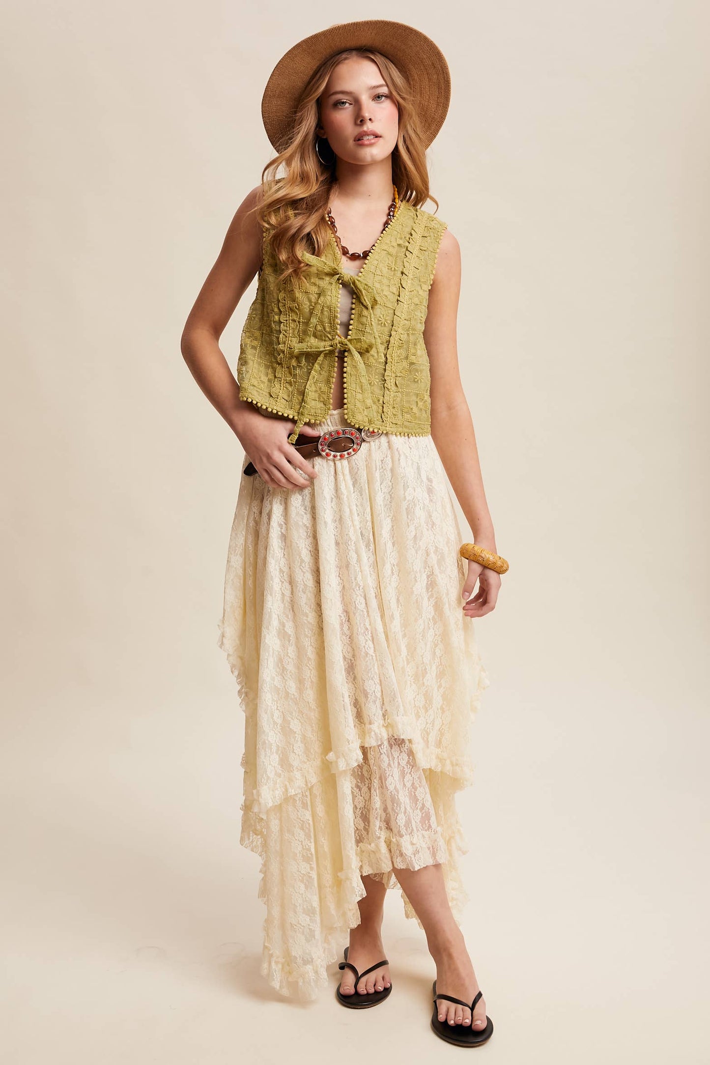 A New Arrival Embroidered Lace Tie-Front : Ecru
