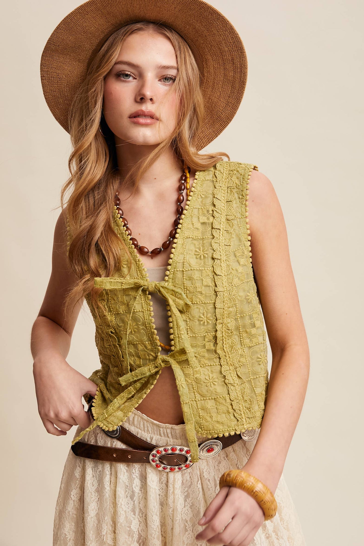 A New Arrival Embroidered Lace Tie-Front : Ecru