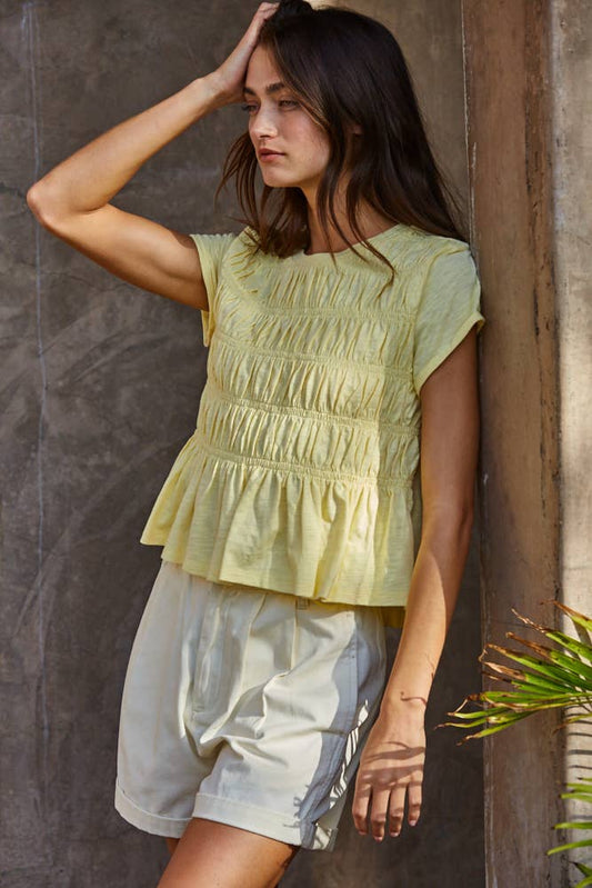 Woven Cotton Short Sleeve Smocking Detail Top