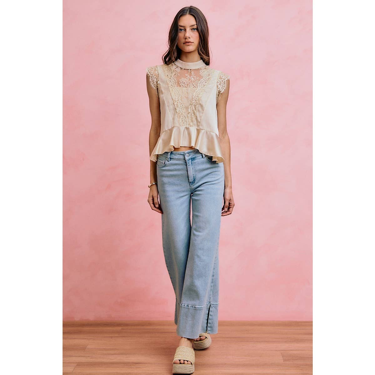 A New Arrival SATIN MOCK NECK LACE TRIM PEPLUM BLOUSE TOP: CREAM