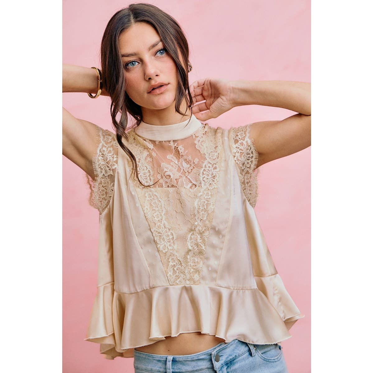 A New Arrival SATIN MOCK NECK LACE TRIM PEPLUM BLOUSE TOP: CREAM