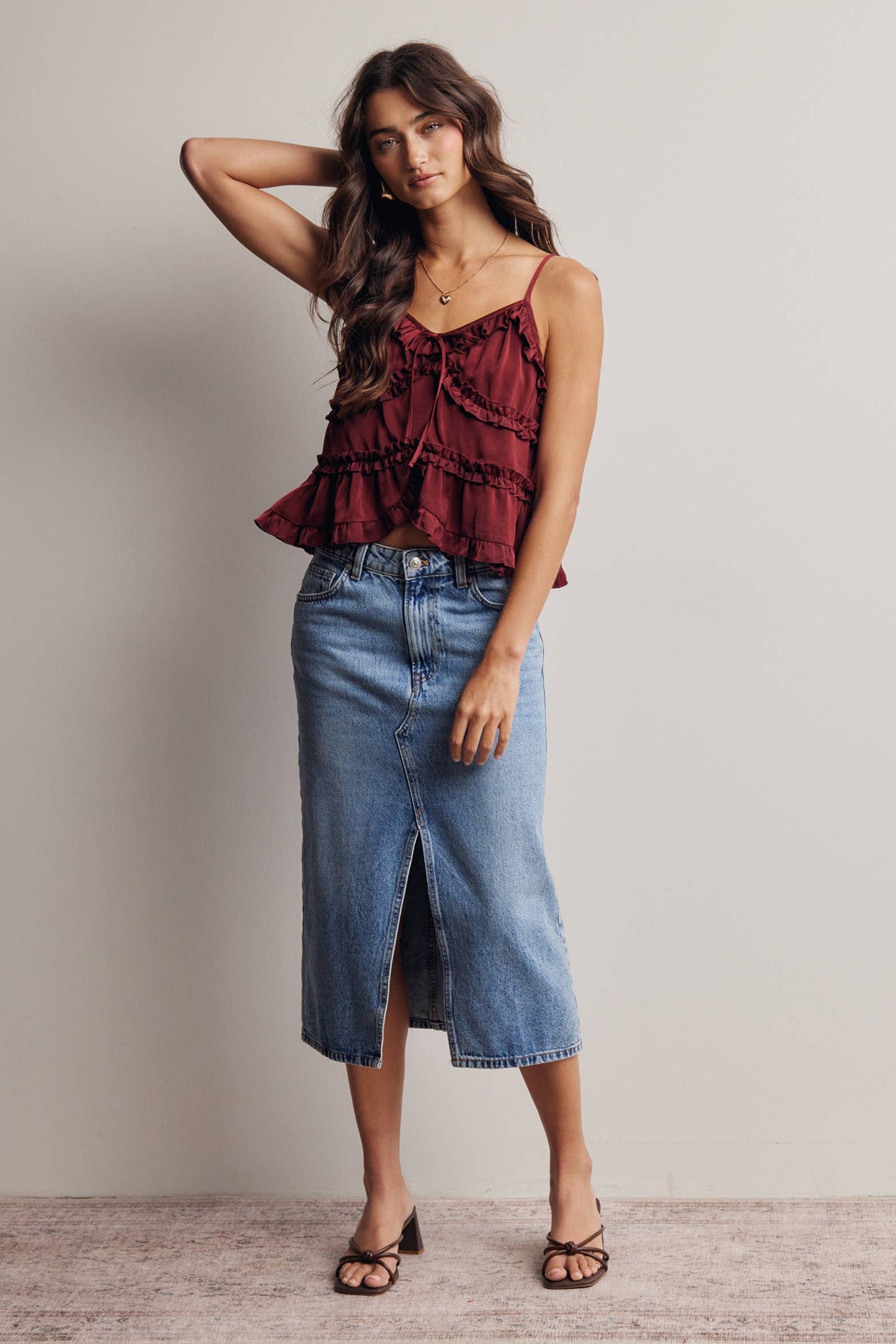 A New Arrival Ruffle Trim Tie Front Cami Top: Burgundy / Contemporary