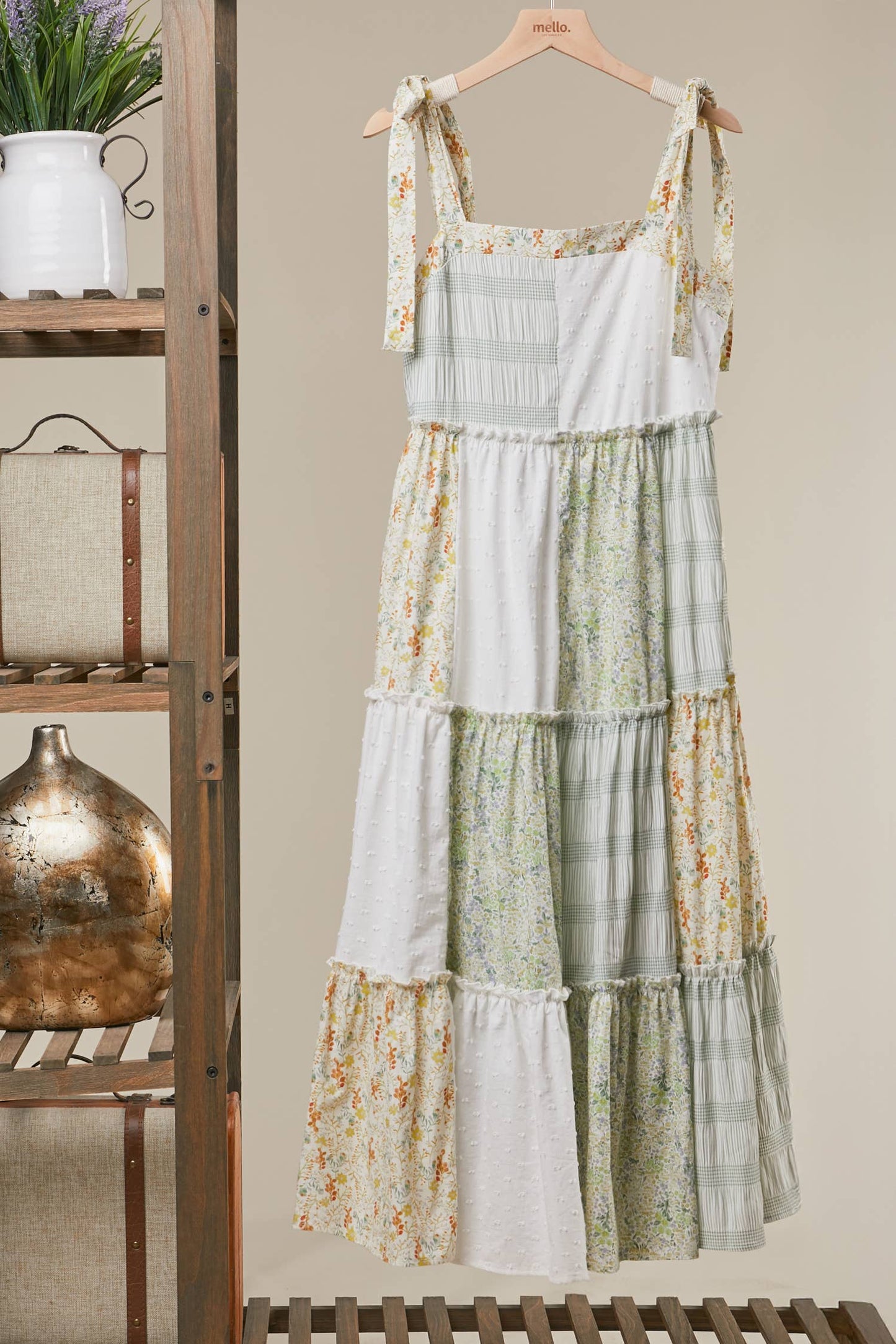 A New Arrival Patchwork Tie-Shoulder Tiered Maxi Dress: Ivory Multi