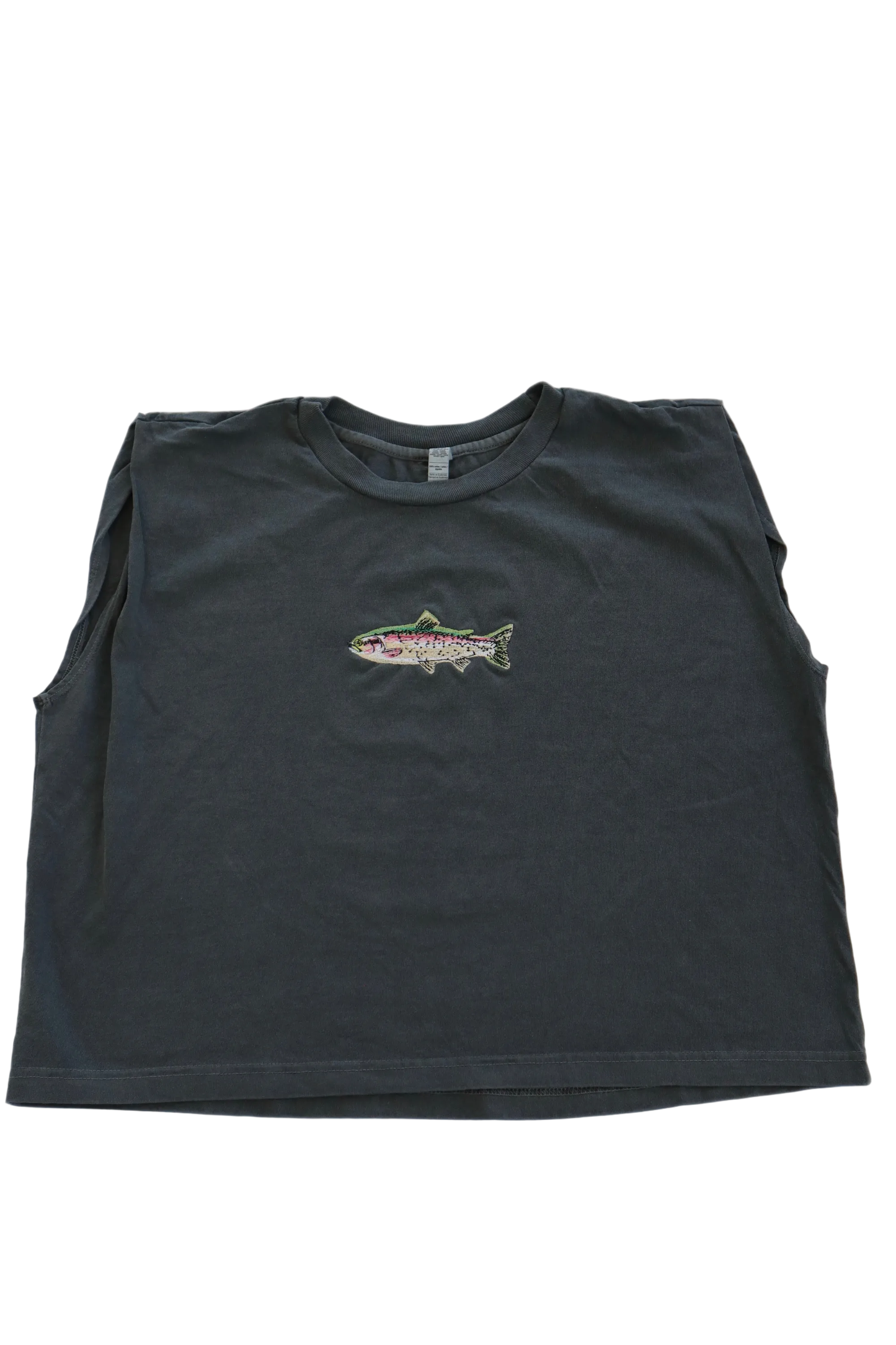 A New Arrival Embroidered Trout Fish Cropped Muscle Tee, Tank Top, Crop Fit, Unisex, Adult: FADED BLACK CROPPED-CREWNECK-TANK-TOP