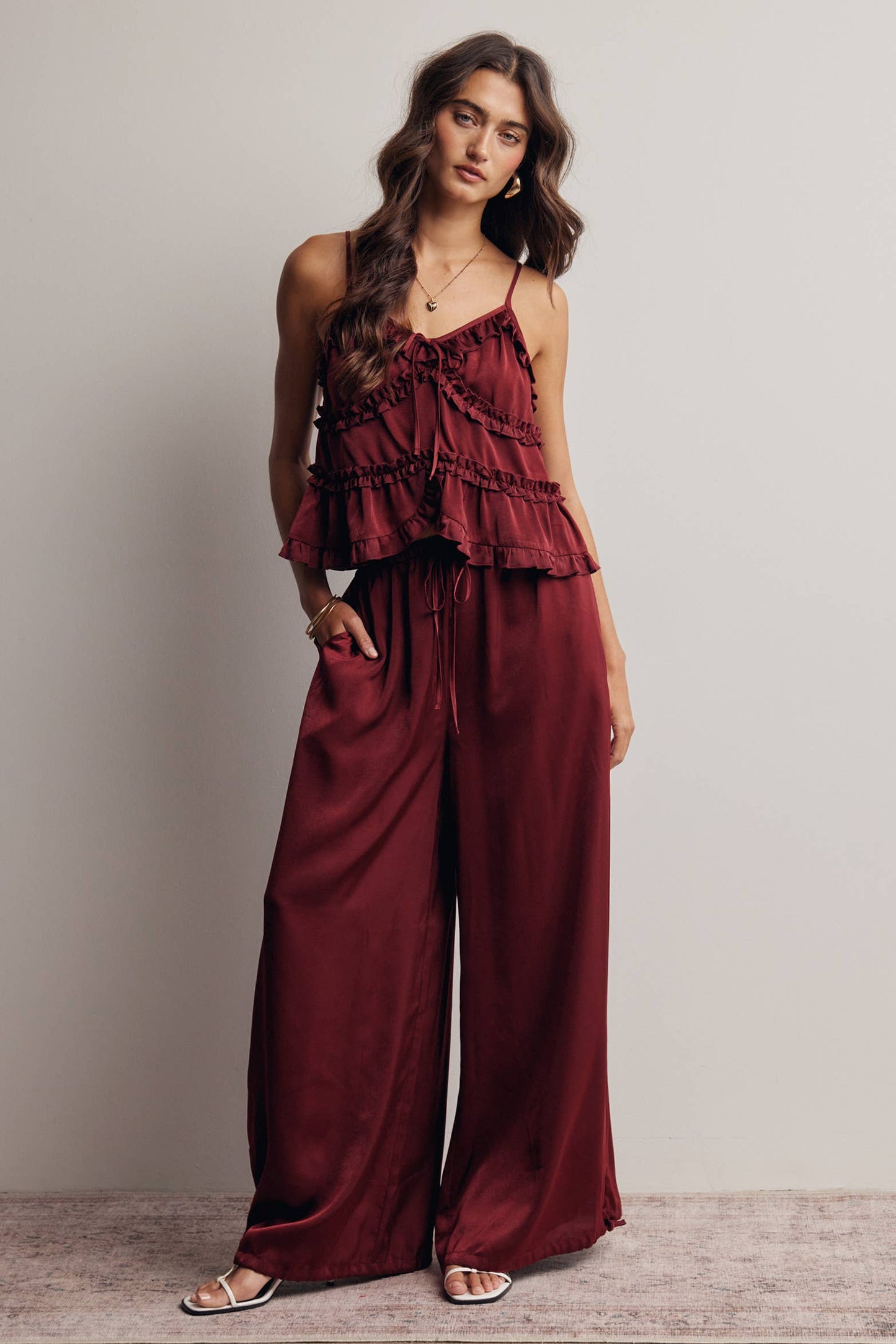 A New Arrival Ruffle Trim Tie Front Cami Top: Burgundy / Contemporary