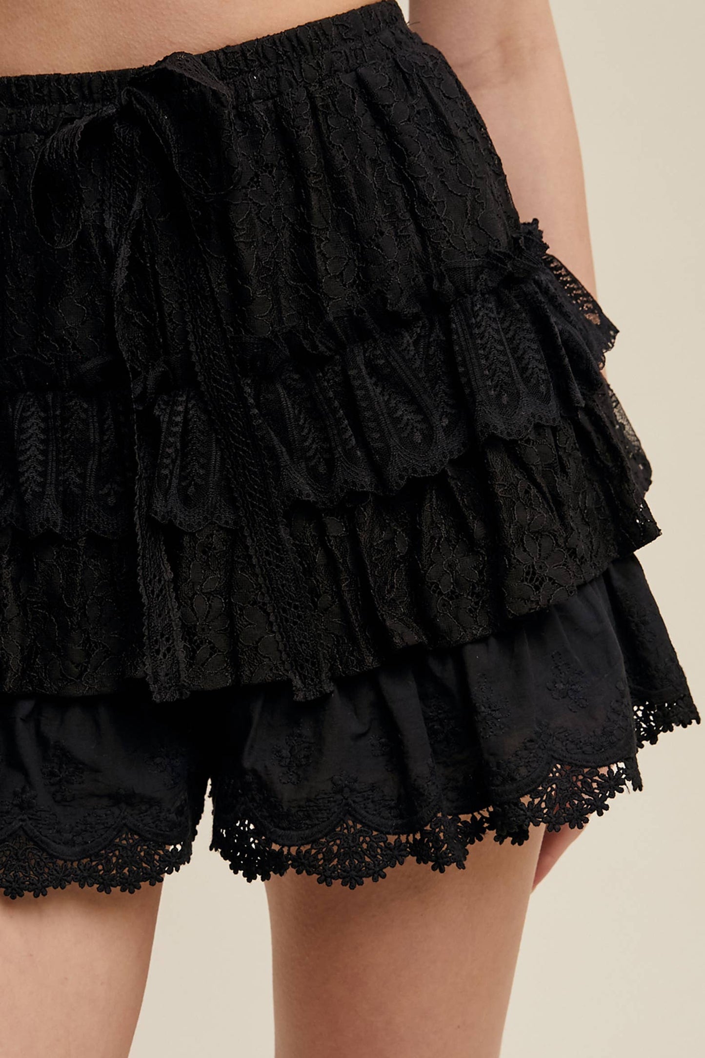 A New Arrival                   Lace Tiered Shorts with Ruffle Details: Cream