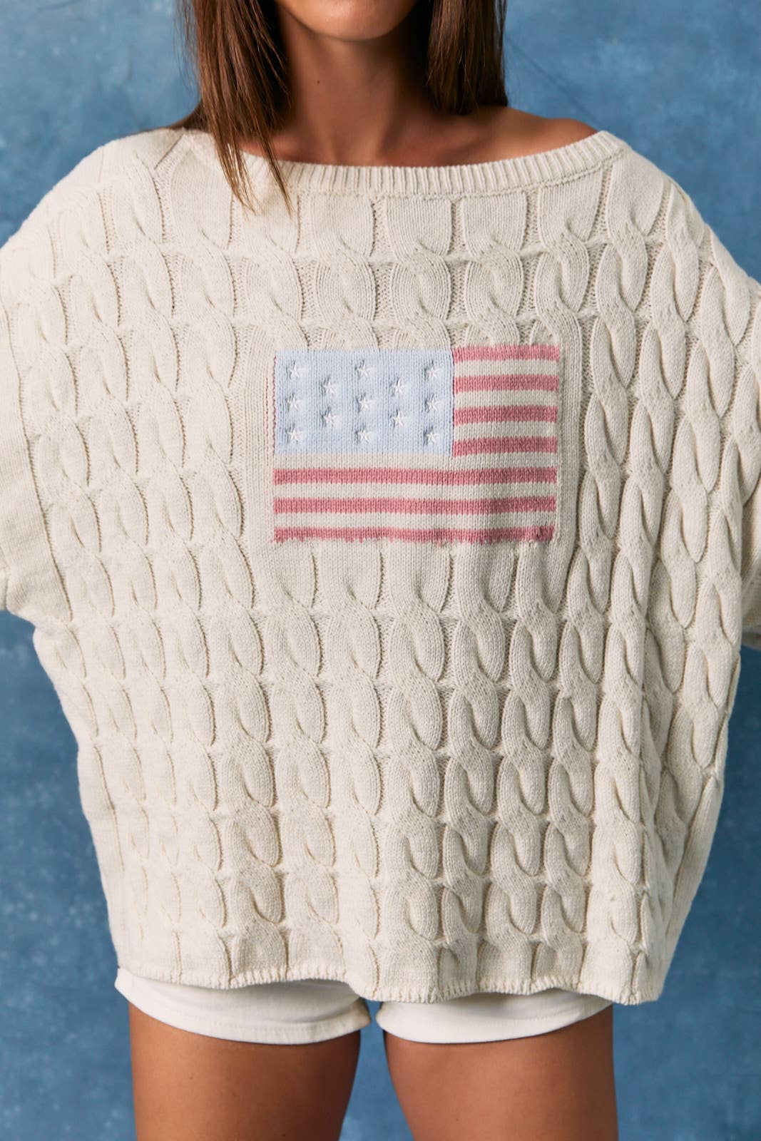A New Arrival: BOAT NECK AMERICAN FLAG CABLE SWEATER TOP: CREAM