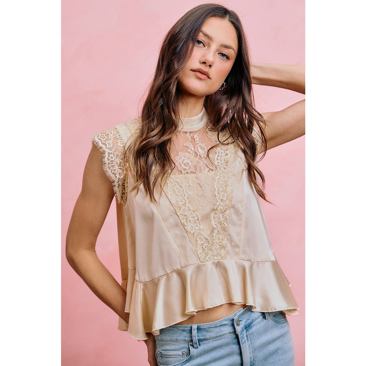 A New Arrival SATIN MOCK NECK LACE TRIM PEPLUM BLOUSE TOP: CREAM
