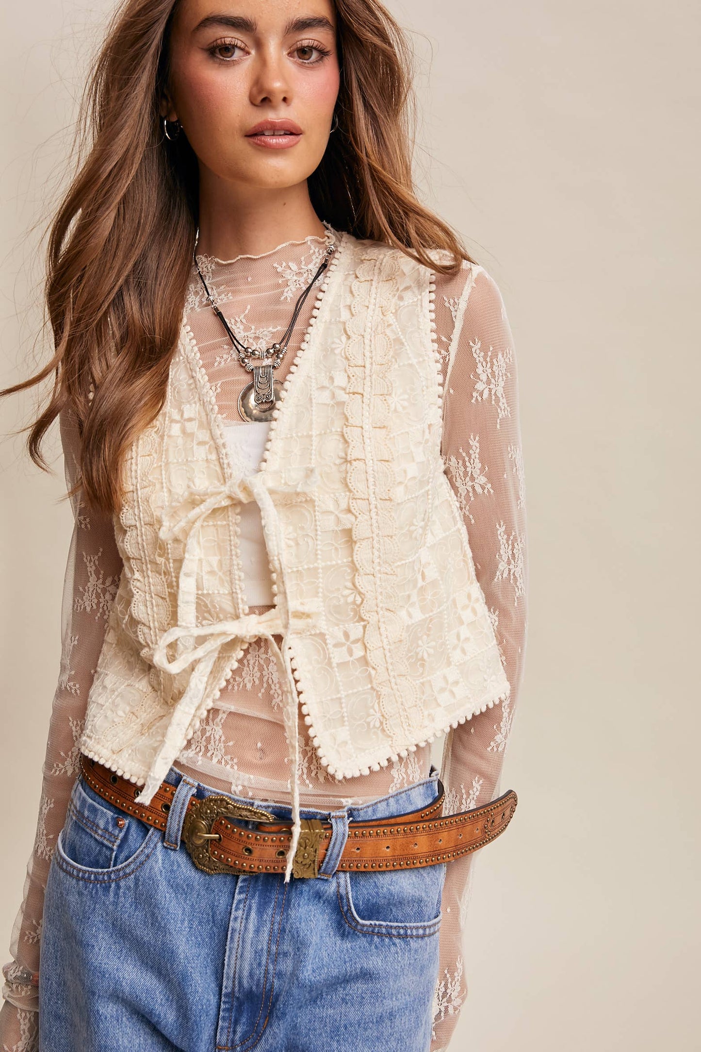A New Arrival Embroidered Lace Tie-Front : Ecru
