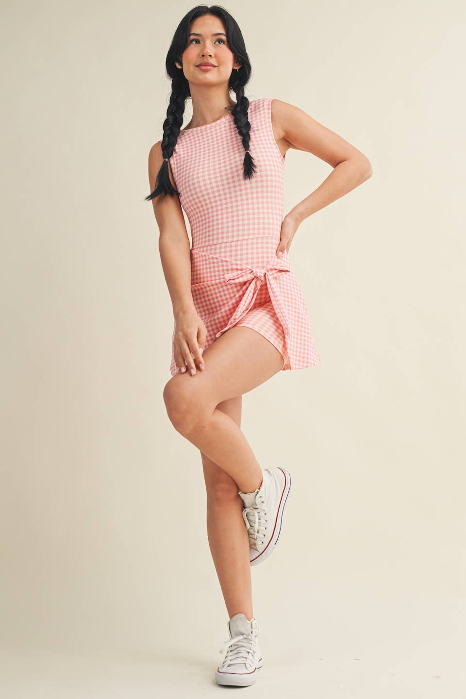 A New Arrival Gingham Print Sleeveless Wrap Tie Front Dress : Pink Gingham