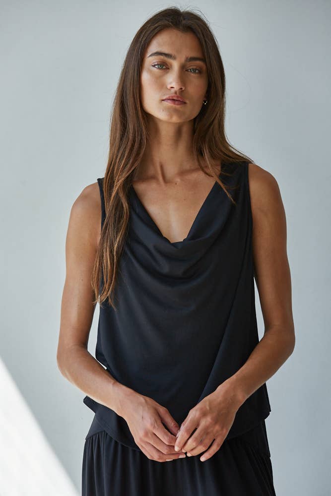 A New Arrival Knit Polyester Spandex Sleeveless Cowl Neck Top: Black