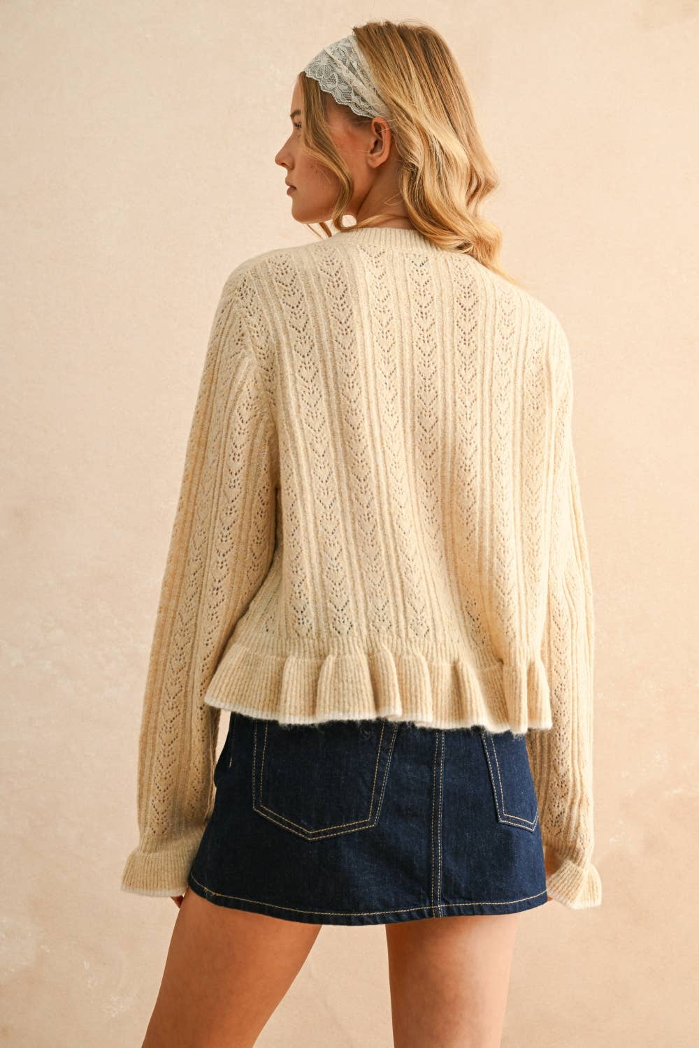 A New Arrival BUTTON FRONT RUFFLED DETAIL SWEATER CARDIGAN: BUTTER