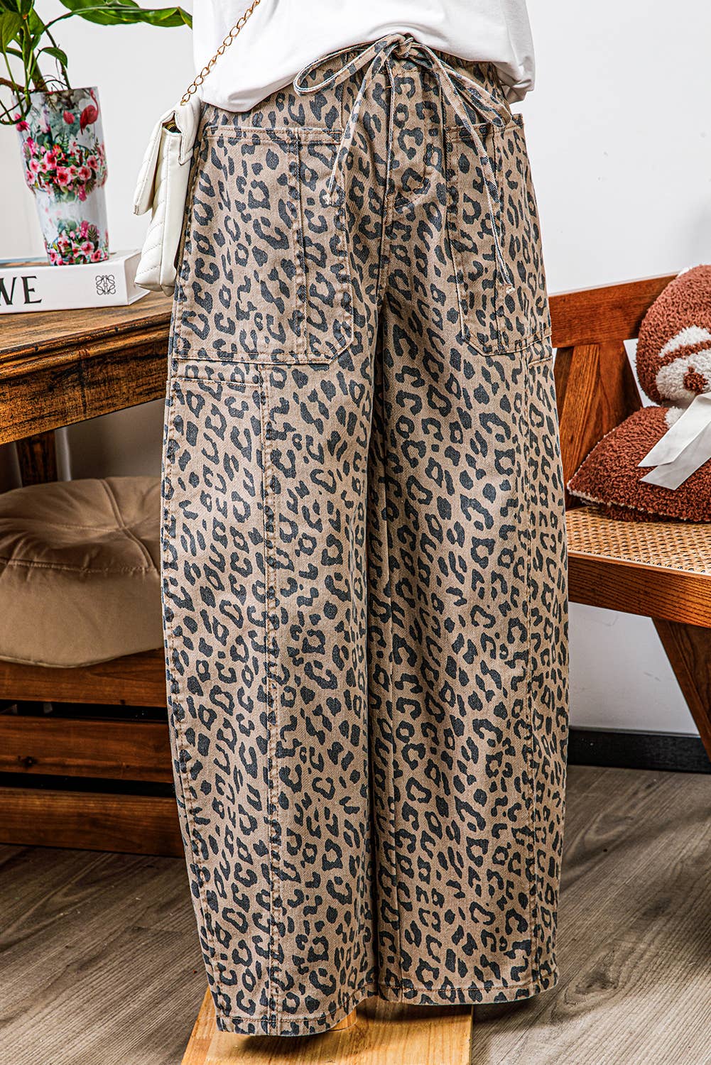 Leopard Drawstring Waist Pocketed Wide Leg Jeans
