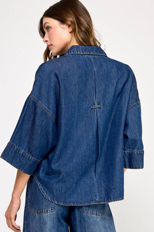 DENIM WIDE SLEEVE SHIRT: Denim Blue