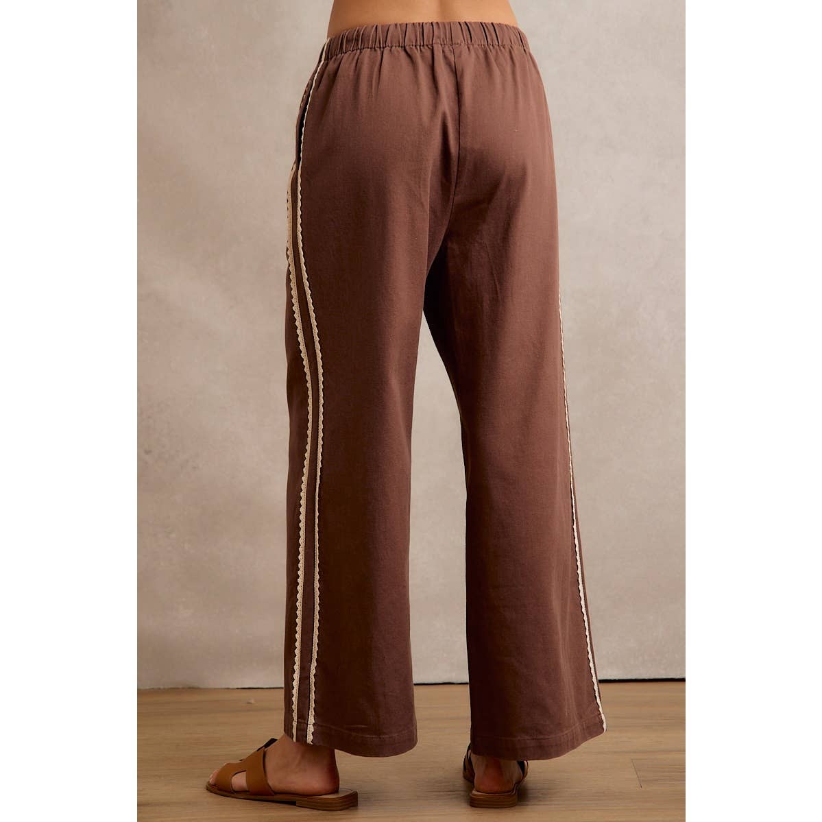 A New Arrival SIDE LACE TRIM COTTON DENIM WIDE LEG PULL ON PANTS: BROWN