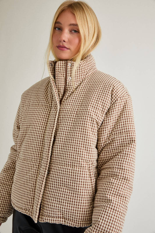 GINGHAM PUFFER JACKET: BROWN-CREAM GINGHAM