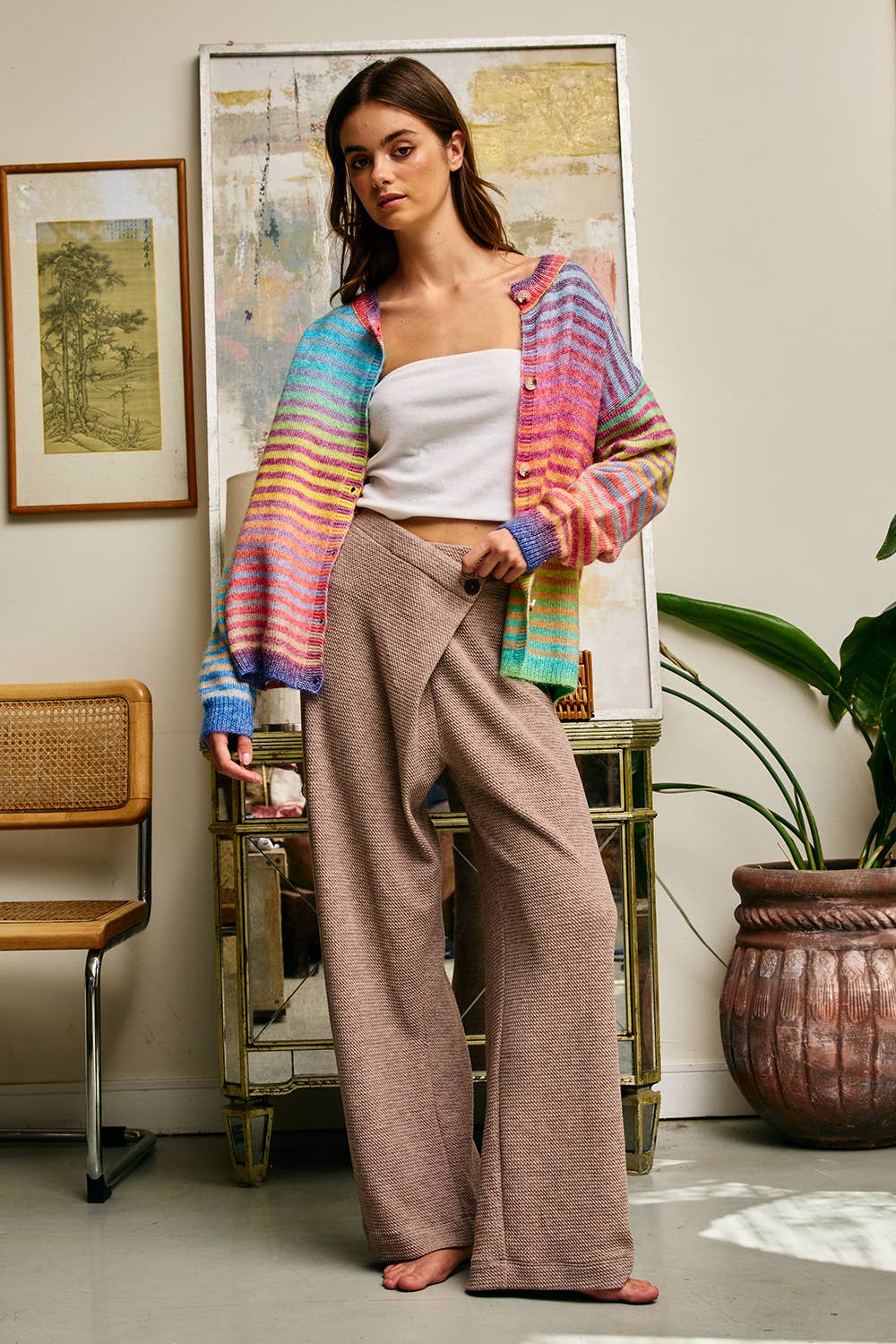 A New Arrival Space-Dye Striped Button-Down Cardigan: RAINBOW