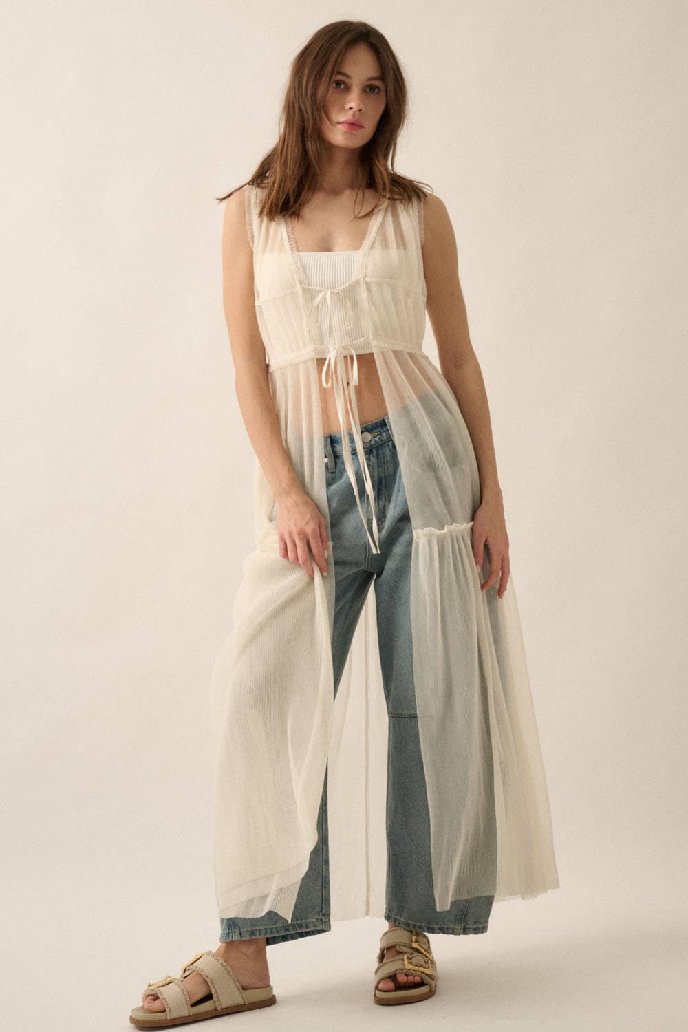 A New Arrival                 Sheer Tulle Ruffled Tie-Front Layering Maxi Top: Off White