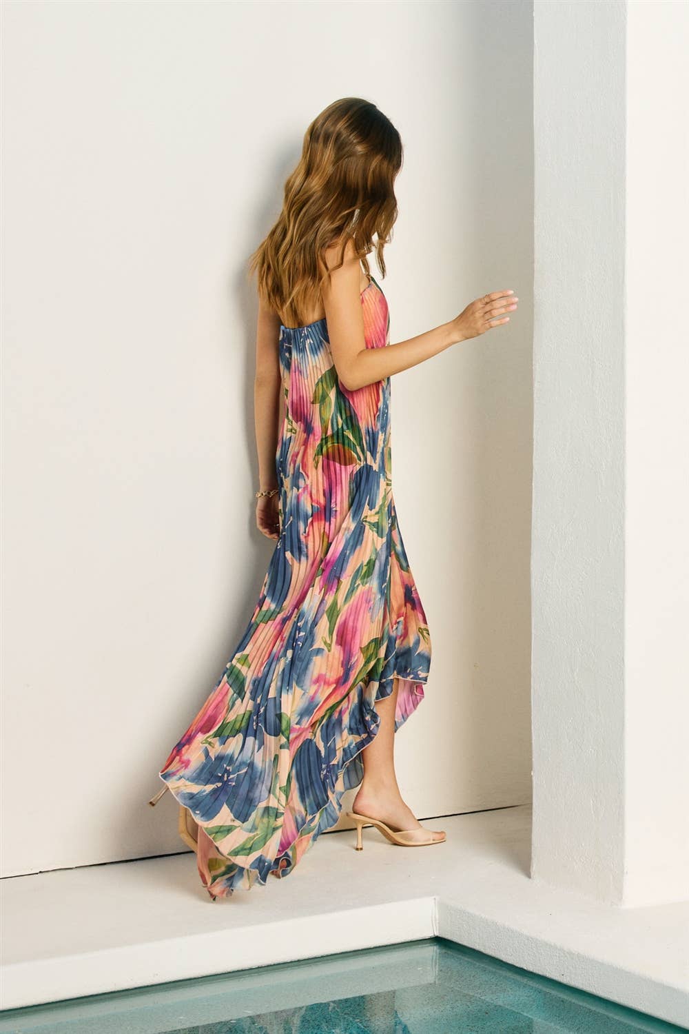 A New Arrival Floral Strapless Pleated Maxi Column Dress : LAPIS BLOOM