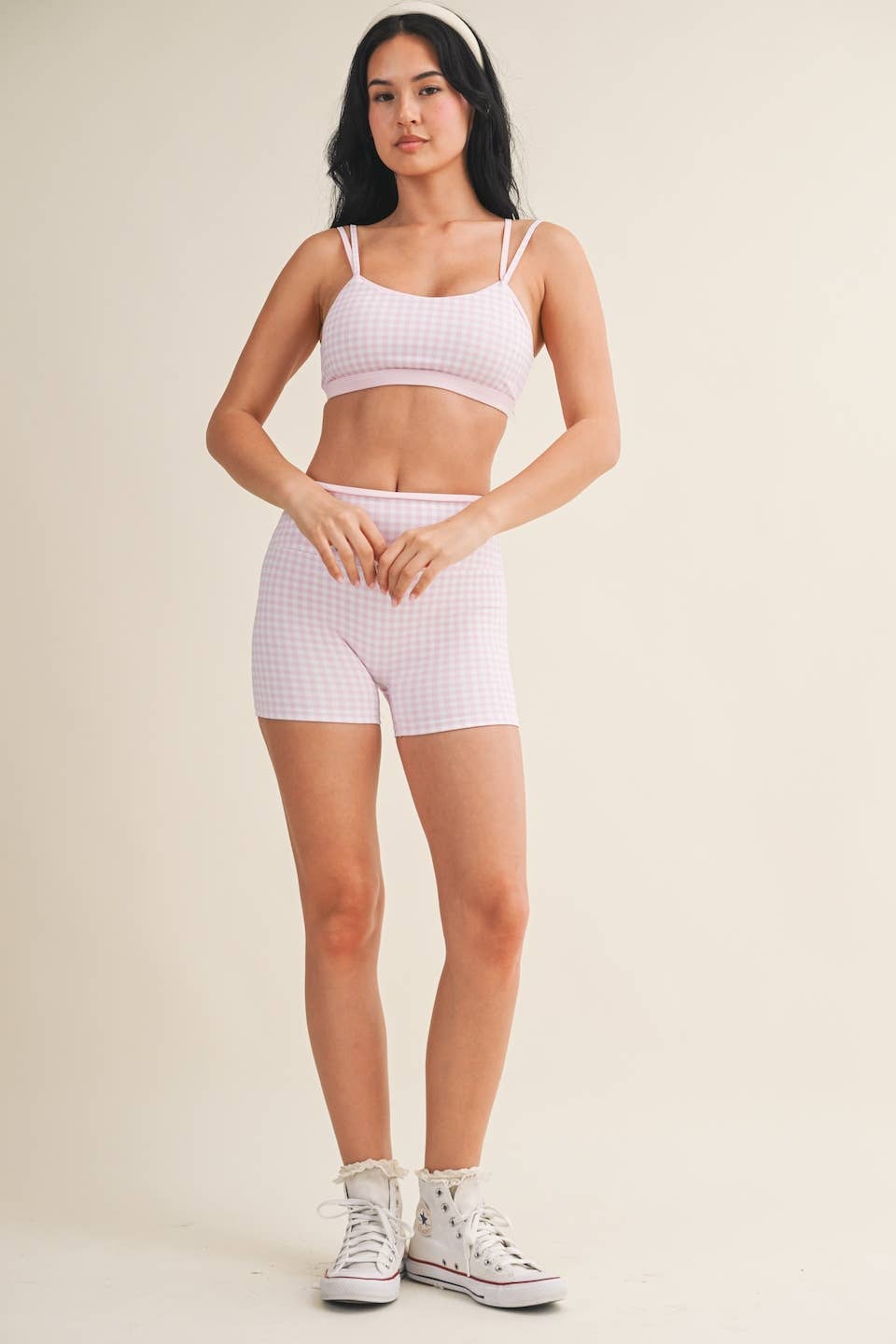 A New Arrival Gingham Print Double Layered Sports Bra: Red Gingham