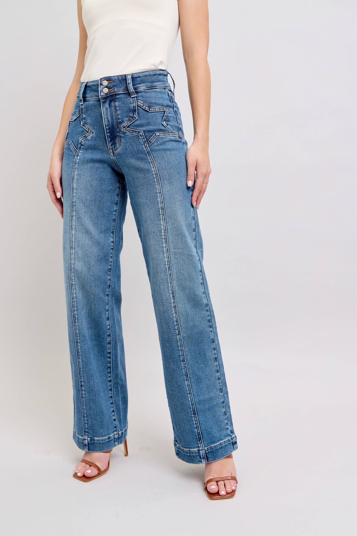 Judy Blue -High Waisted Star & Front Seam Detail Wide Leg