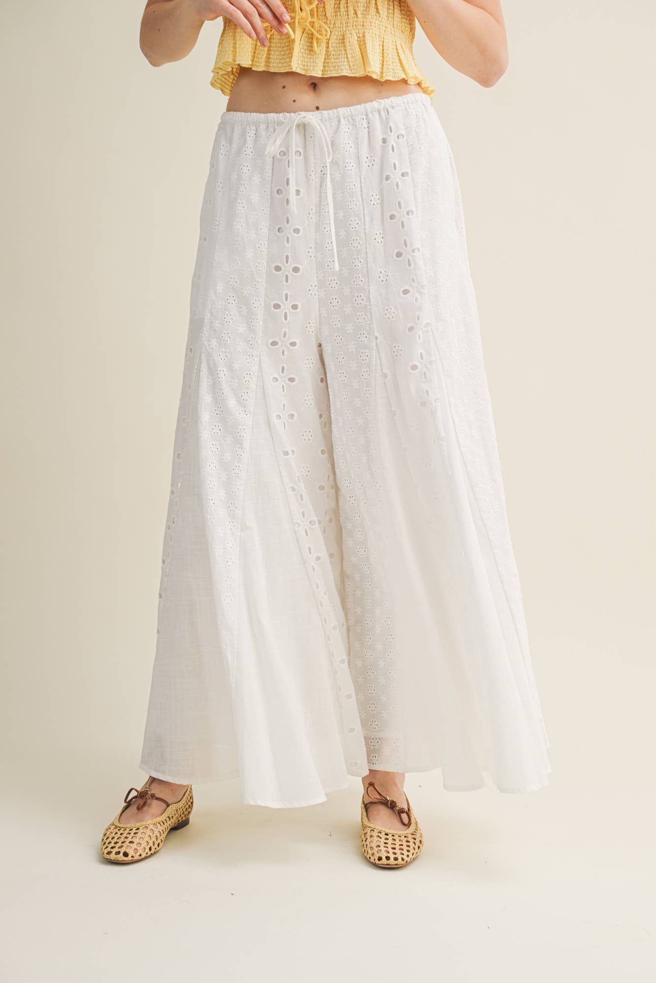 A New Arrival MIXED EYELET FLARE PANTS: White