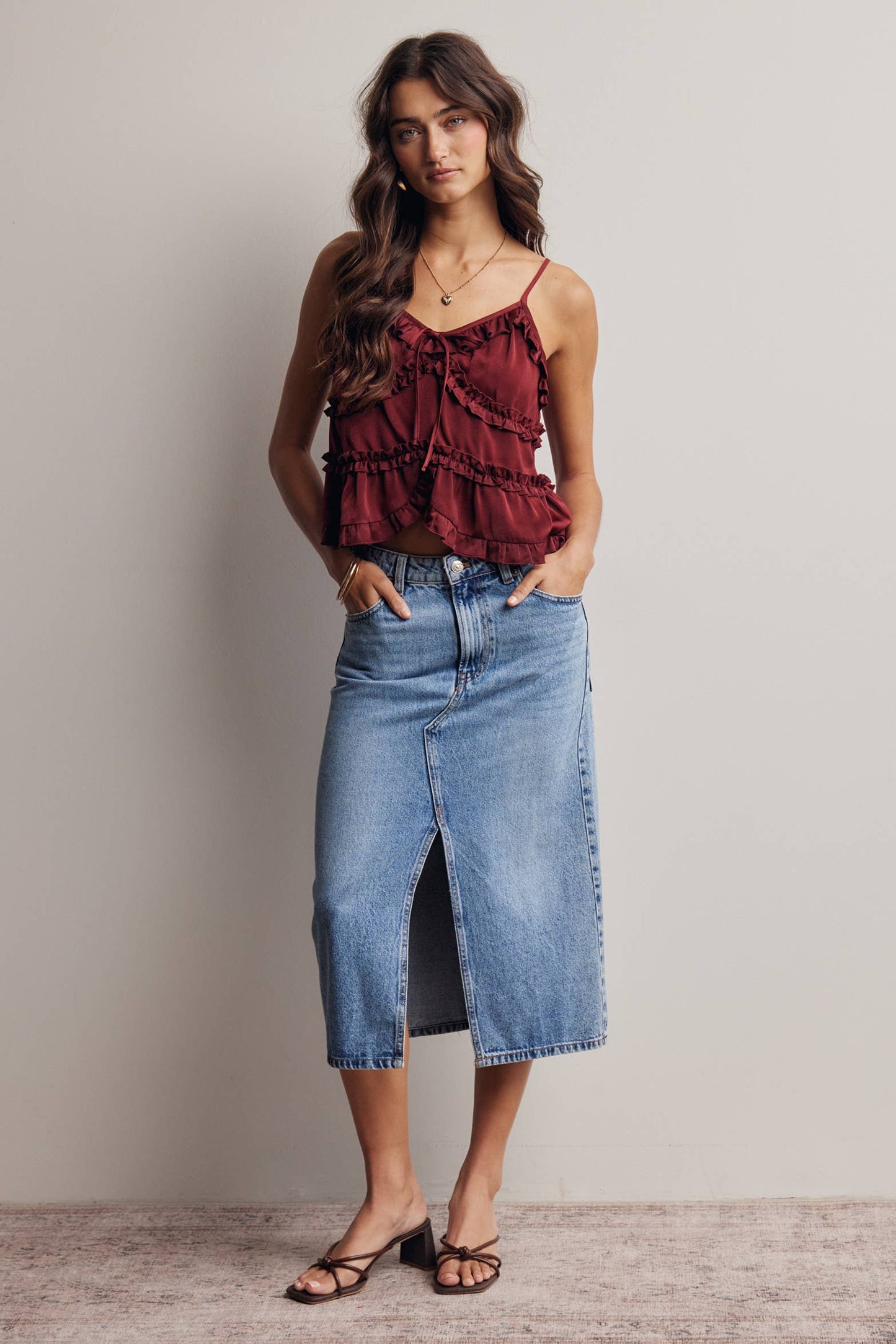 A New Arrival Ruffle Trim Tie Front Cami Top: Burgundy / Contemporary