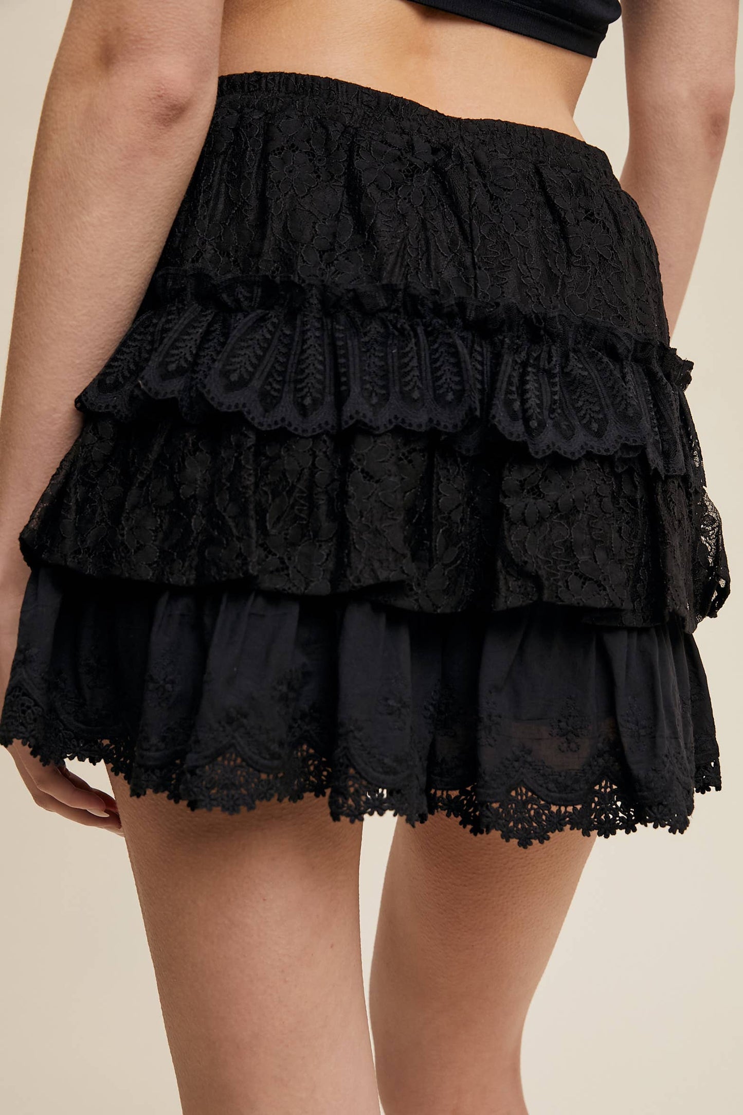A New Arrival                   Lace Tiered Shorts with Ruffle Details: Cream
