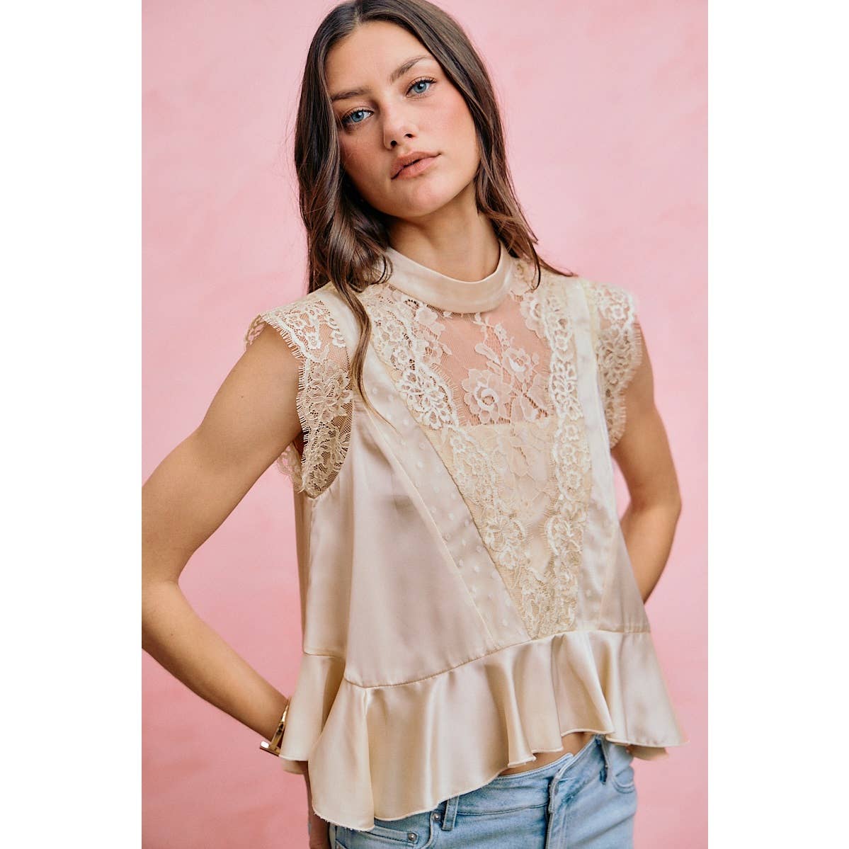 A New Arrival SATIN MOCK NECK LACE TRIM PEPLUM BLOUSE TOP: CREAM