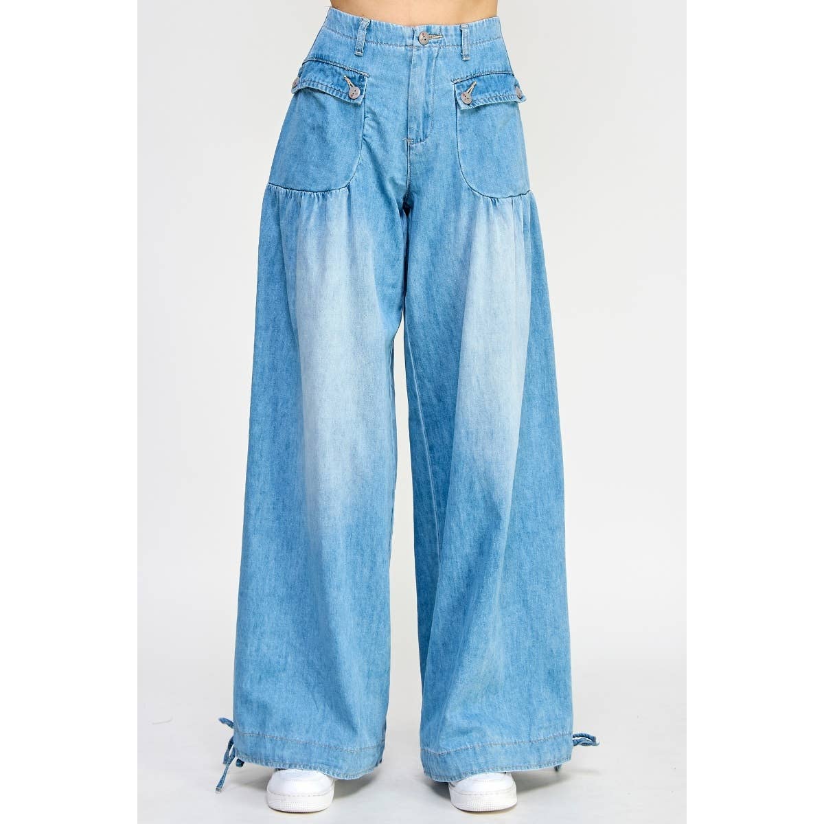 A New Arrival Ankle Drawstring Wide Denim Pants: Light Wash
