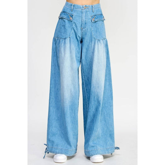A New Arrival Ankle Drawstring Wide Denim Pants: Light Wash
