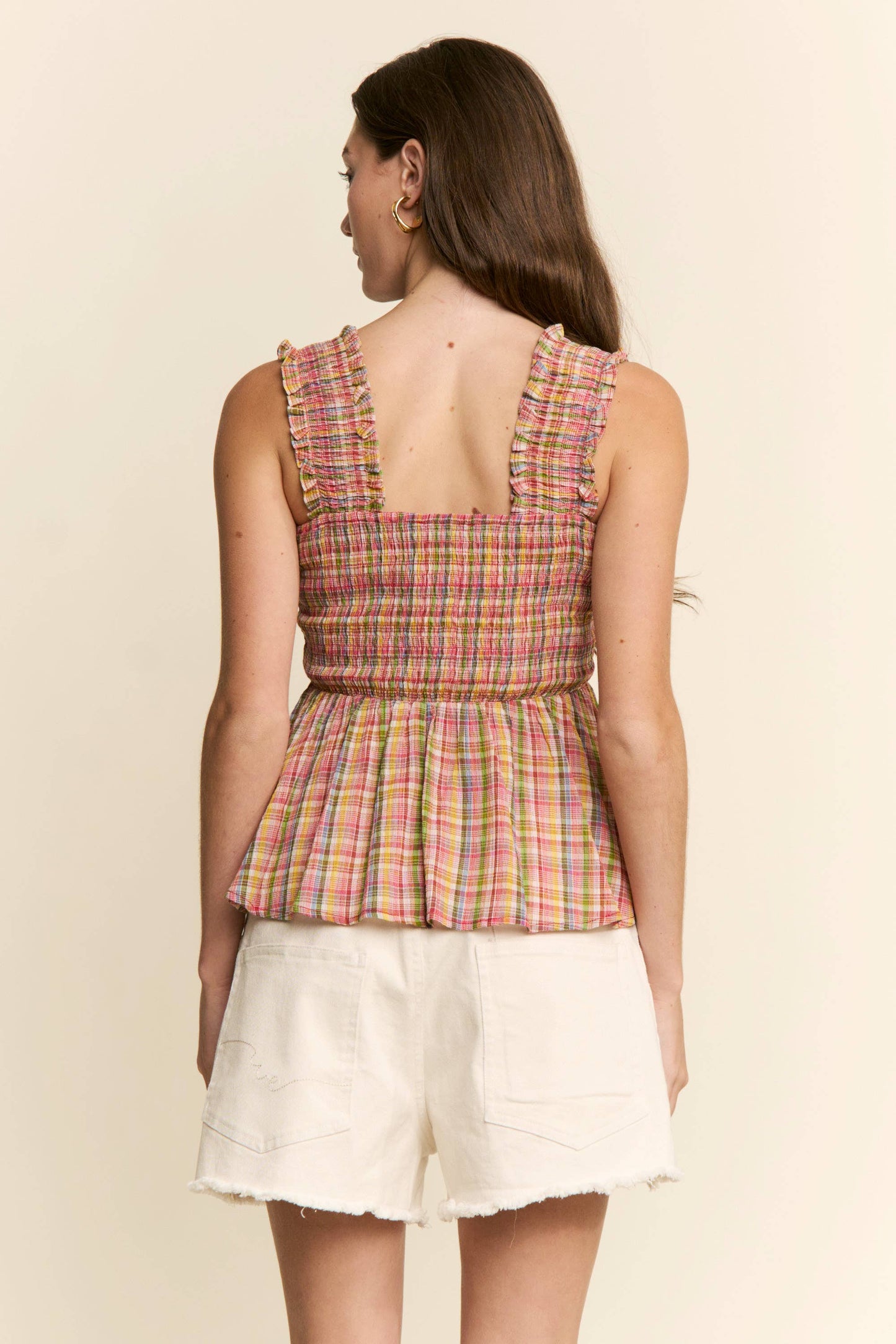 A New Arrival: PLAID PATTERN PEPLUM TOP: Pink Combo