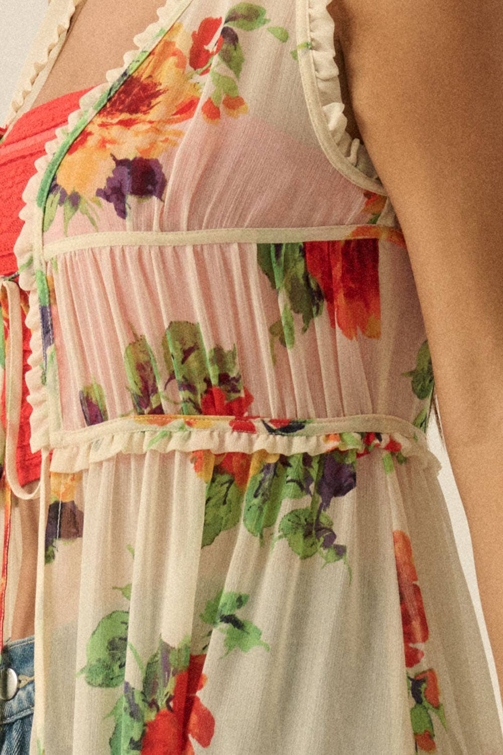 A New Arrival Floral-Print Chiffon Ruffled Sleeveless Tie-Front Maxi Top: Cream