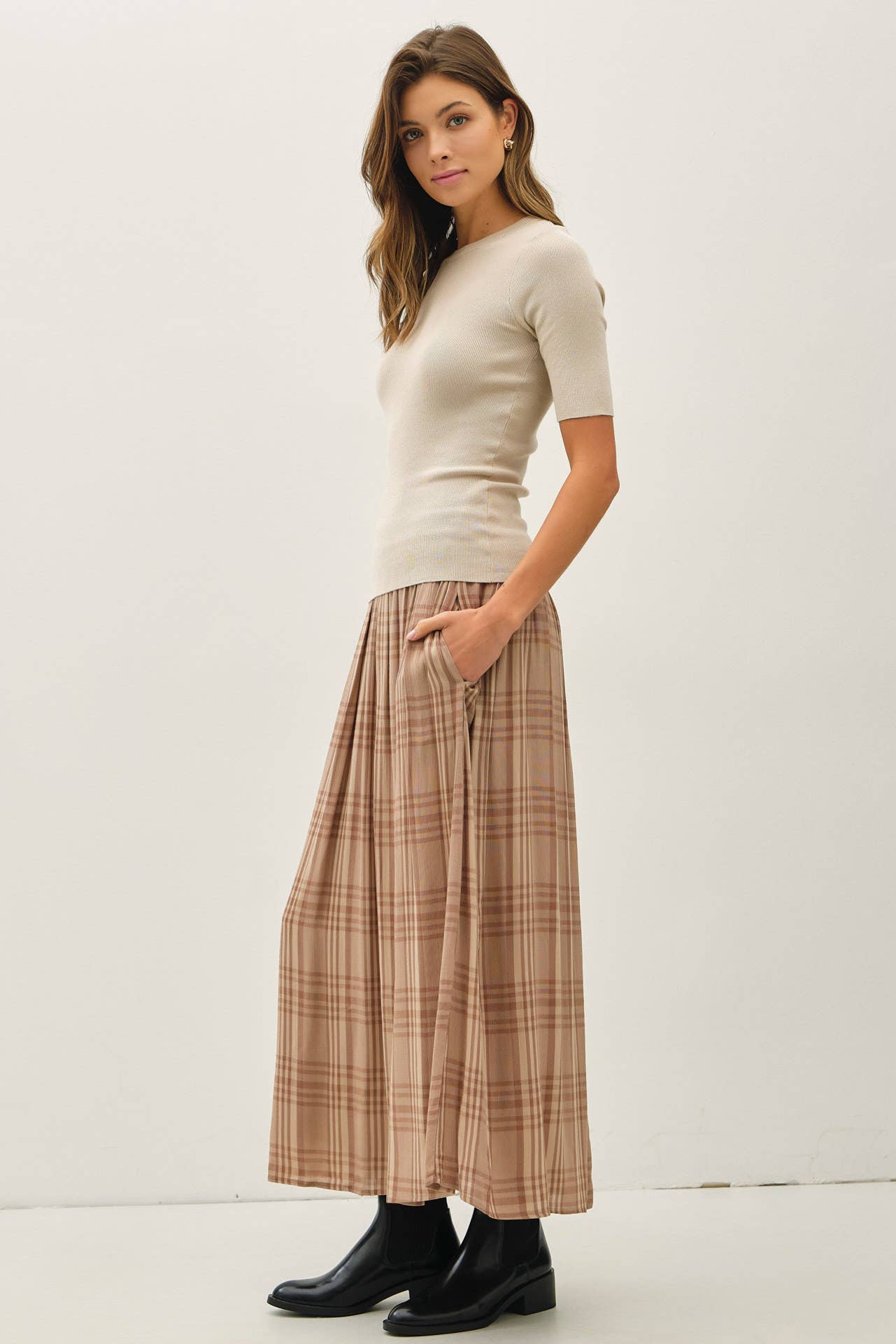 PLAID PRINTED PLEATS MIDI SKIRT : SPRUCE