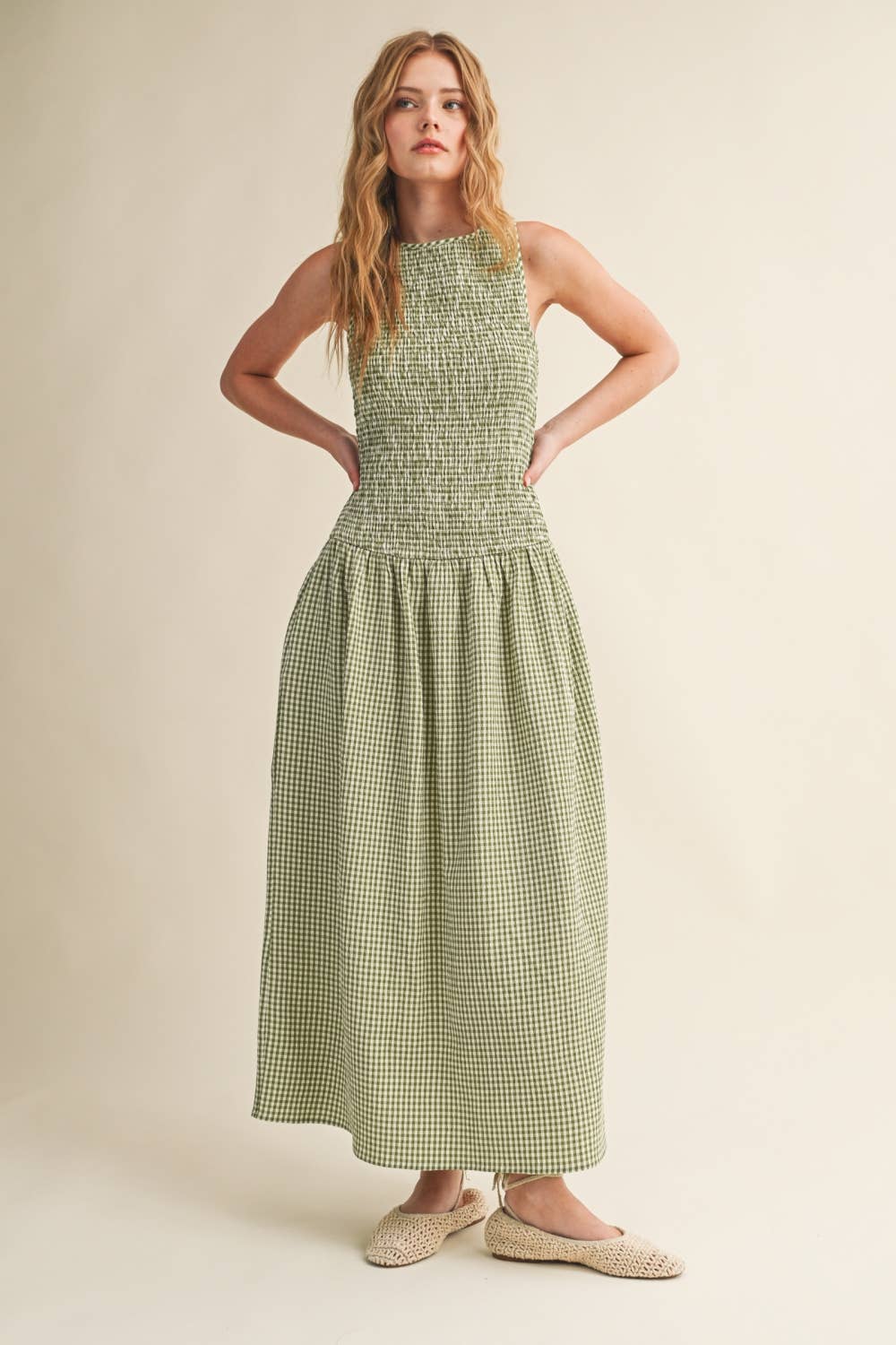 MINI GINGHAM PATTERN SLEEVELESS LONG DRESS: GREEN