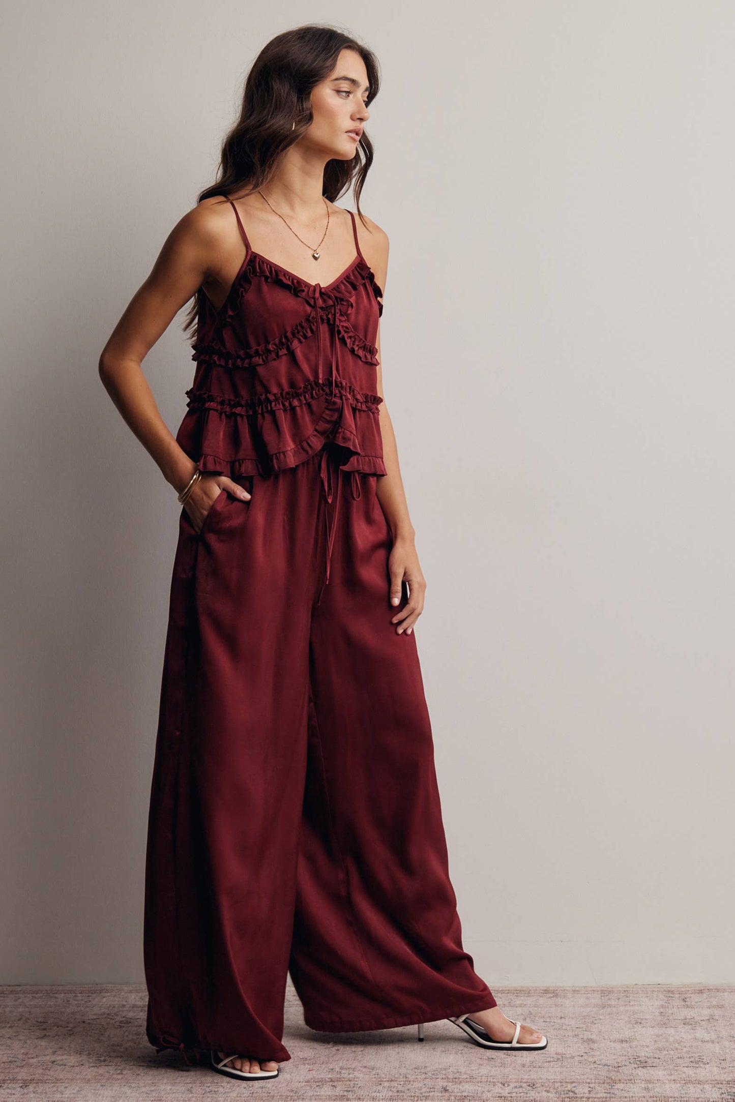A New Arrival Ruffle Trim Tie Front Cami Top: Burgundy / Contemporary
