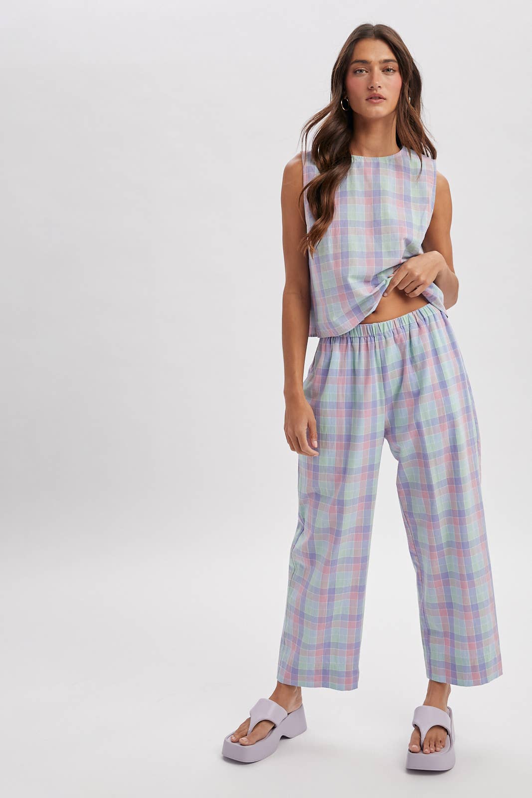 A New Arrival: MULTI-PLAID TOP AND PANTS SET / BLUE/MINT
