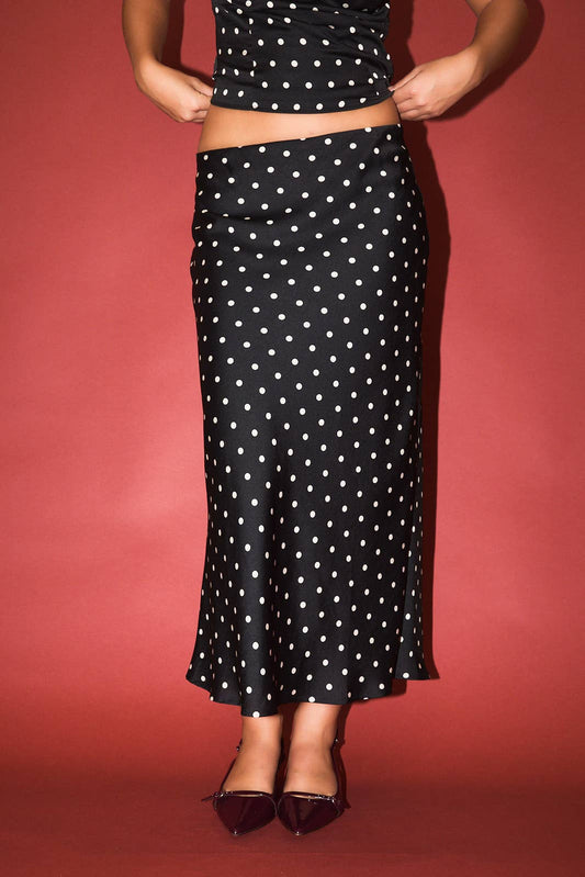 POLKA DOT MID RISE MAXI SKIRT: BLACK-WHITE DOT